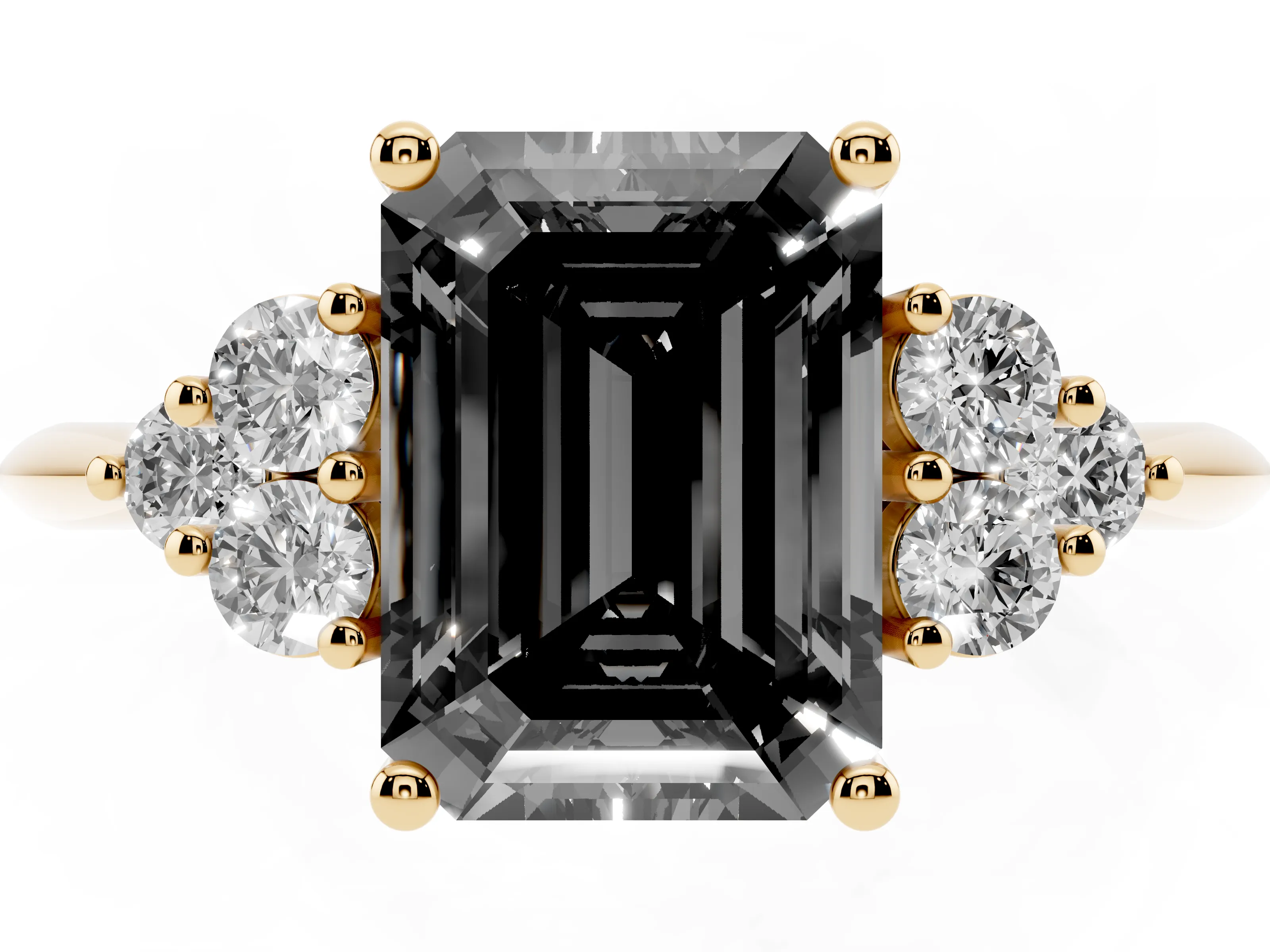 Fancy Black Emerald Cut Diamond Cluster Ring Set in Yellow gold with Plain Band and Prong Setting