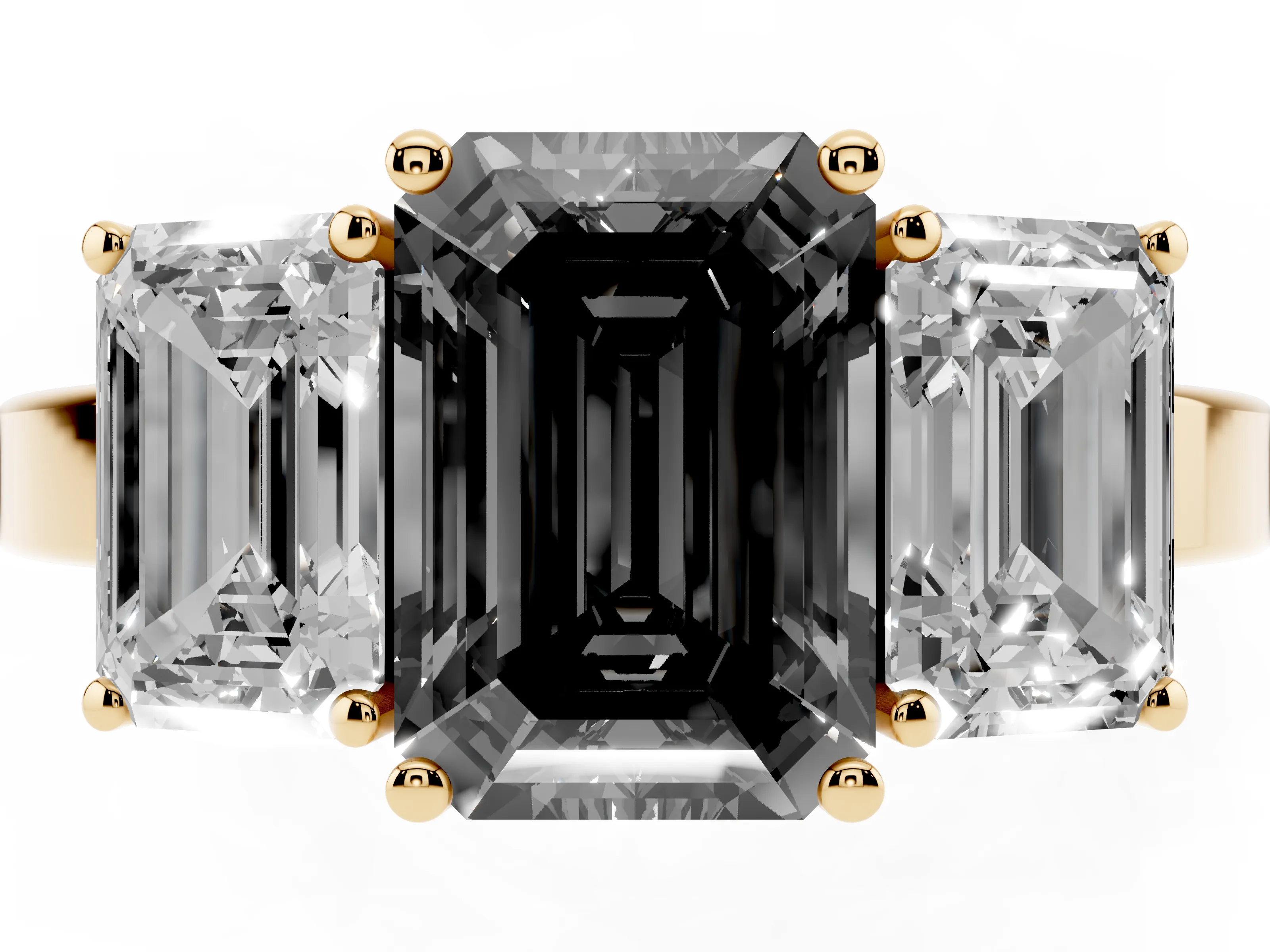 Fancy Black Emerald Cut Diamond Three-Stone Engagement Ring Set in Yellow gold with Flat Band