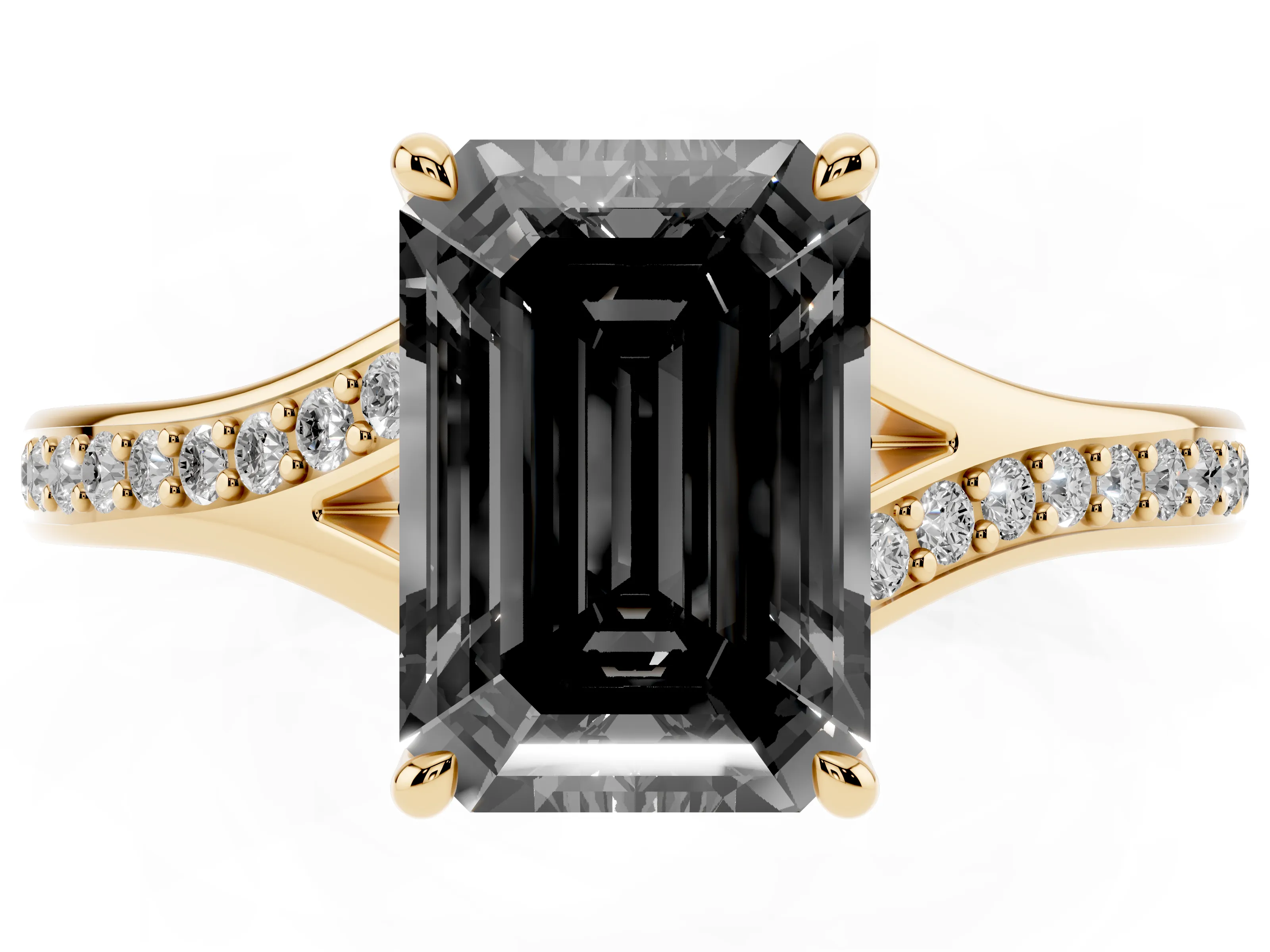 Fancy Black Emerald Cut Diamond Solitaire Ring Set in Yellow gold with Pavé Accent Band and Classic Prong Setting
