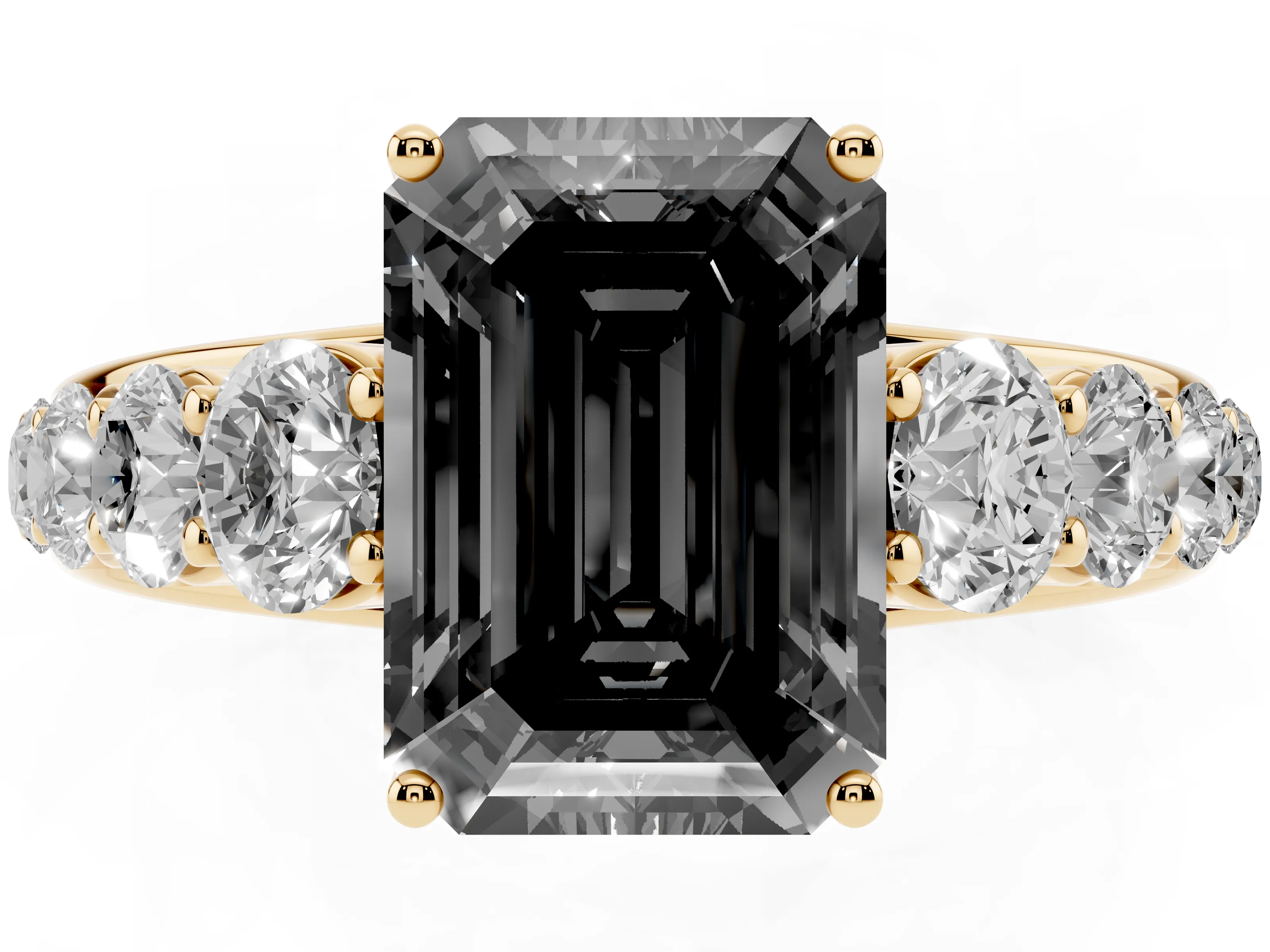 Fancy Black Emerald Cut Diamond Solitaire Ring Set in Yellow gold with Pavé-Set Band and Prong Setting