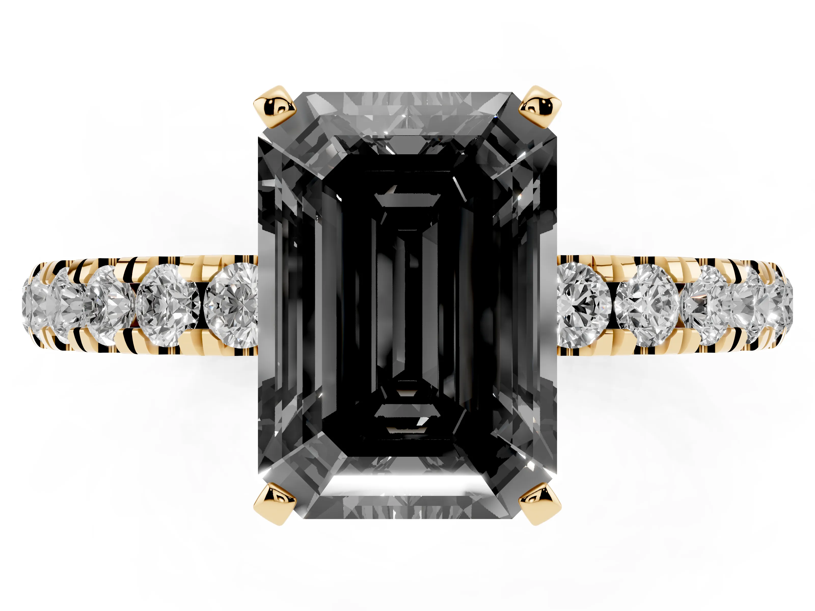 Fancy Black Emerald Cut Diamond Solitaire Ring Set in Yellow gold with Pavé Accents and Prong Setting