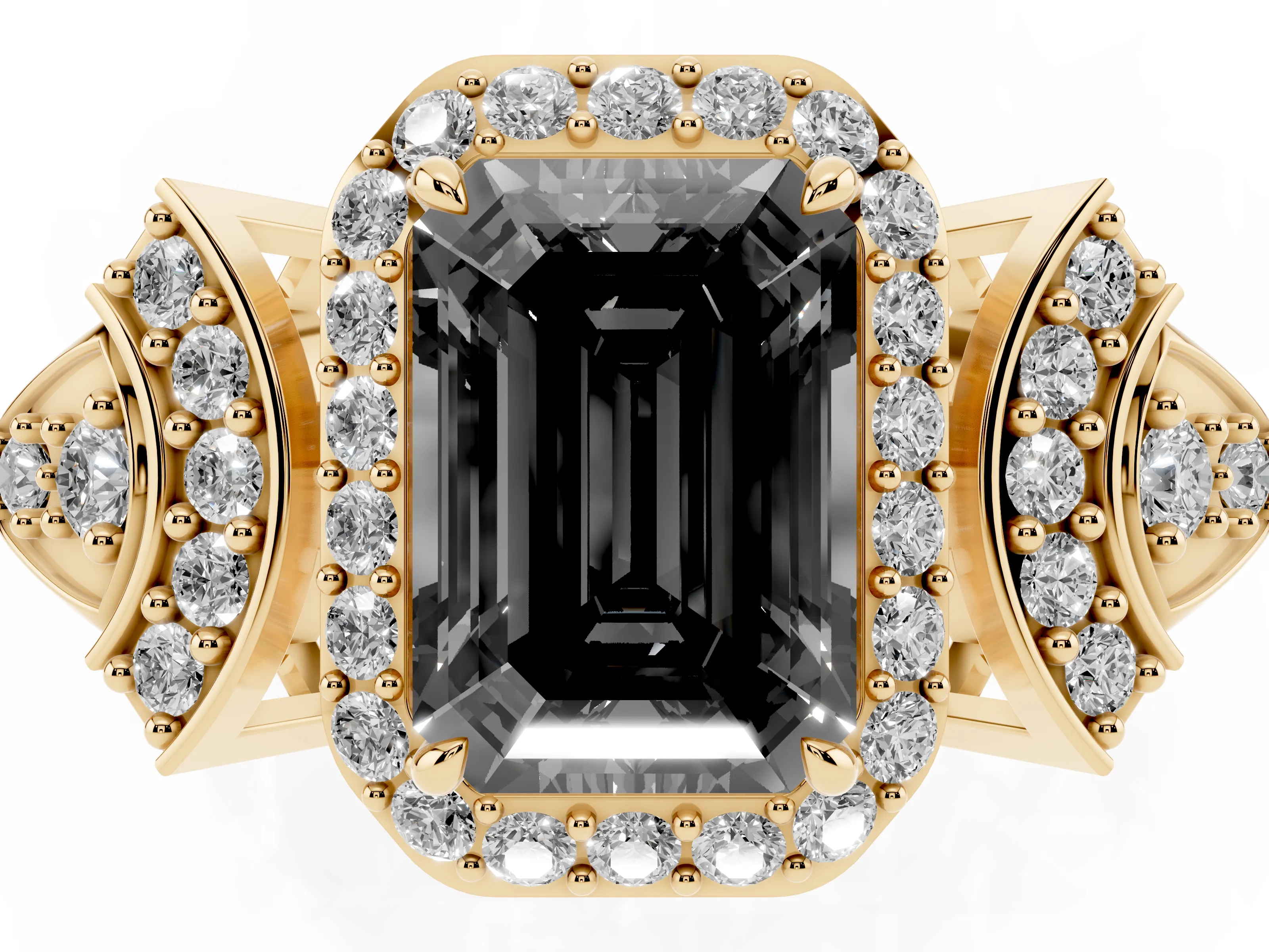 Fancy Black Emerald Cut Diamond Halo Engagement Ring Set in Yellow gold with Accent Stone Split Shank