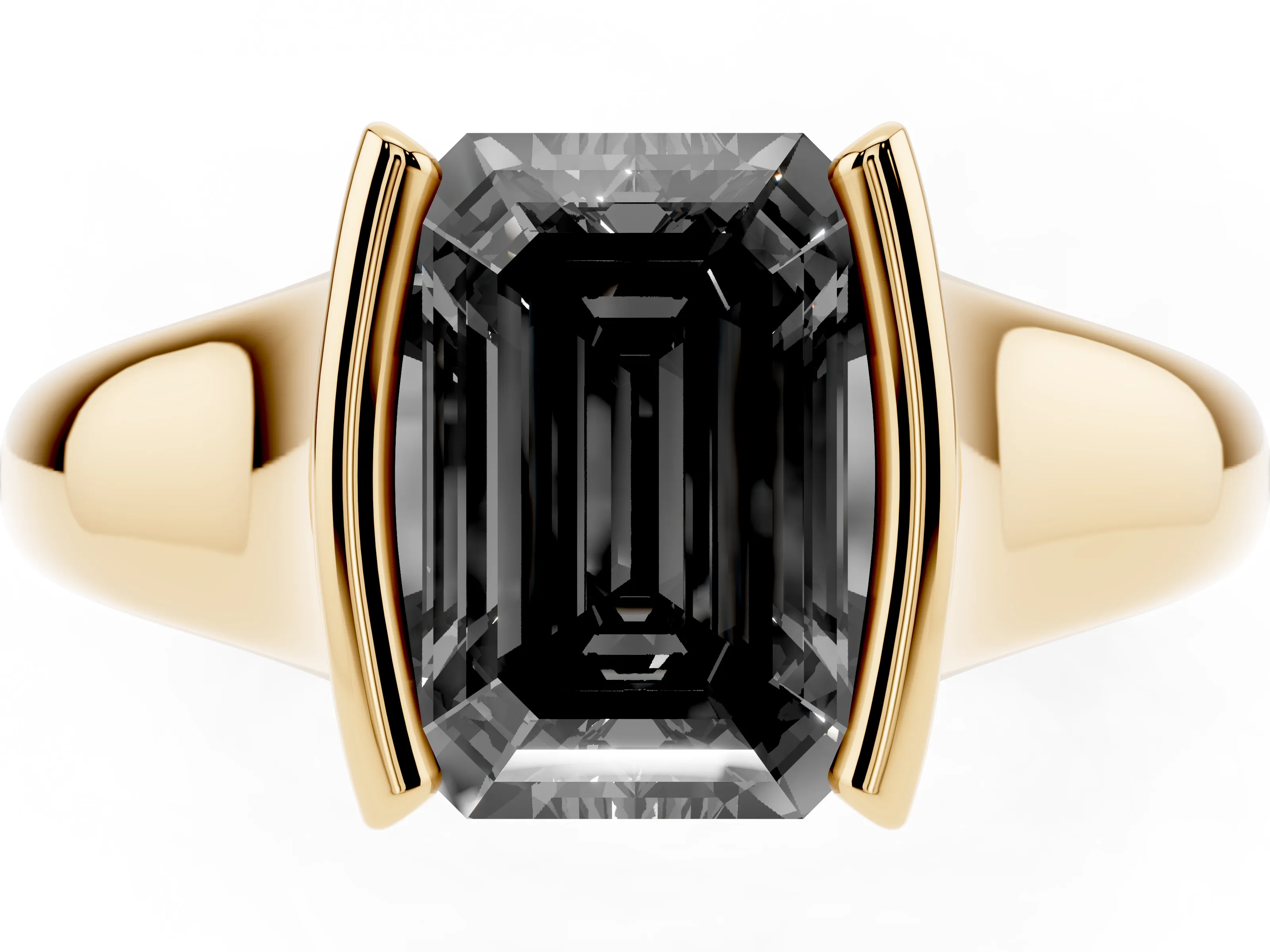 Fancy Black Emerald Cut Diamond Solitaire Tension Set Ring Set in Yellow gold with Split Shank Band