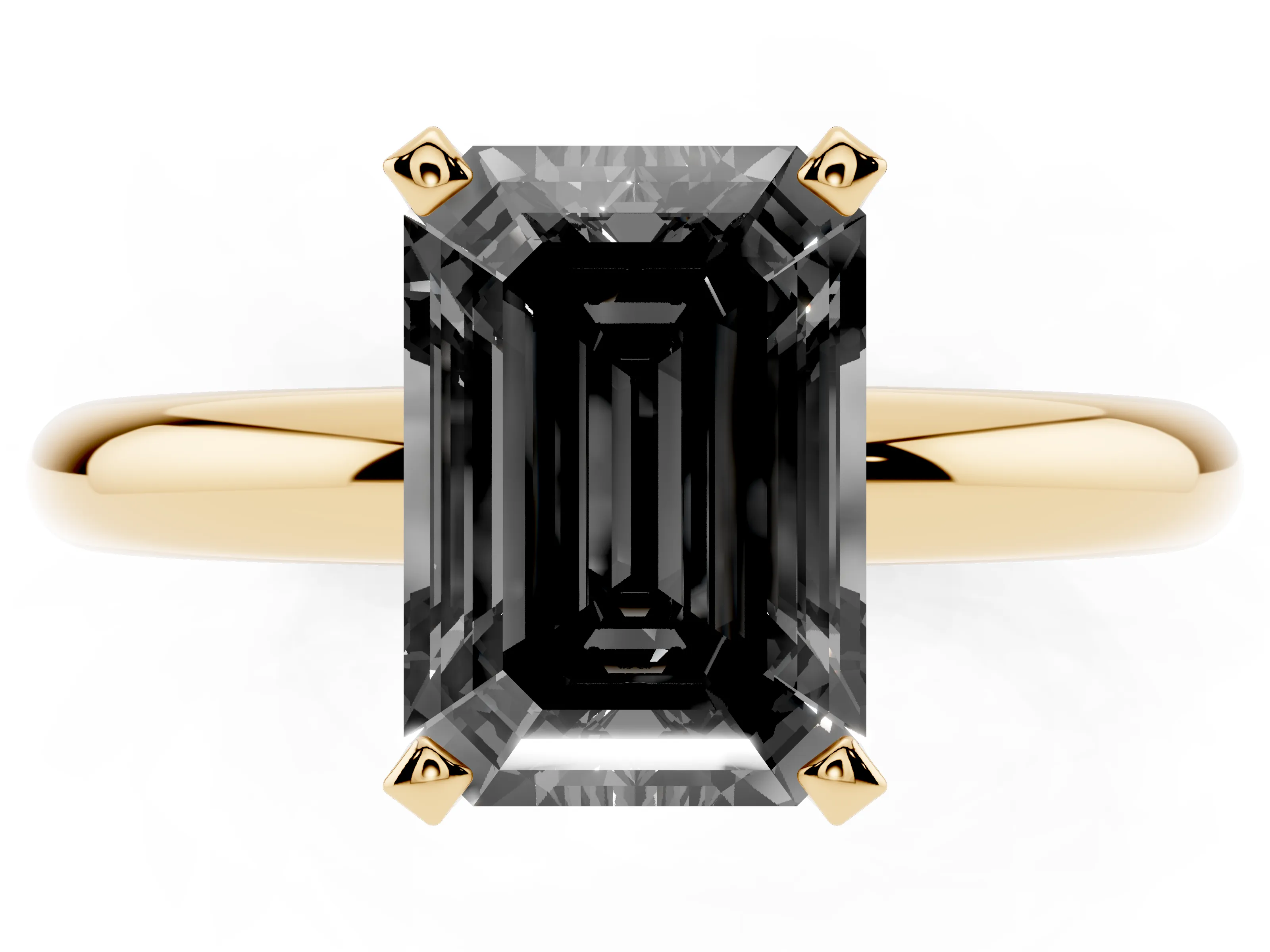 Fancy Black Emerald Cut Diamond Solitaire Engagement Ring Set in Yellow gold with Round Band and Prong Setting