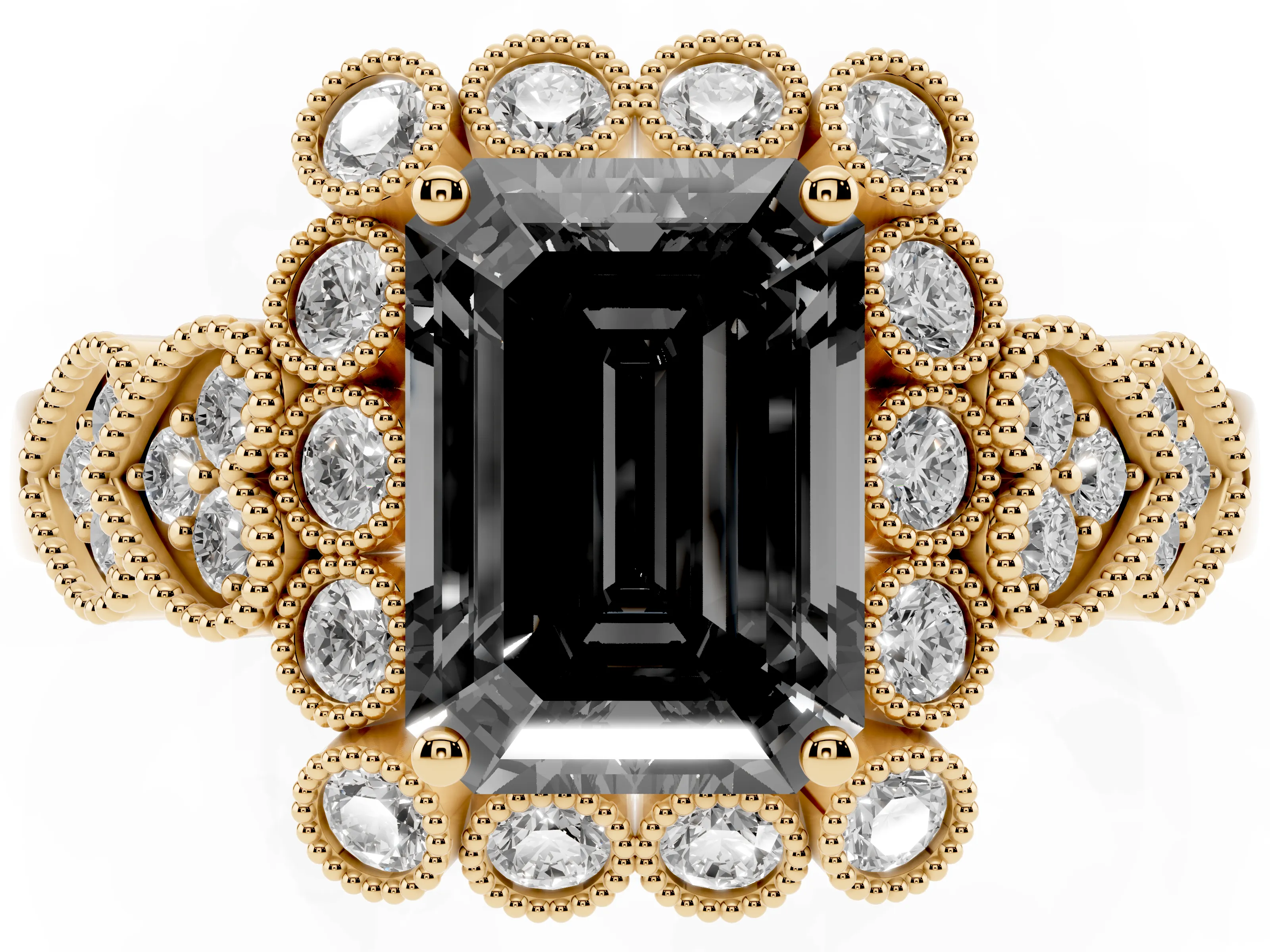 Fancy Black Emerald Cut Diamond Solitaire Ring Set in Yellow gold with Milgrain Pavé Heart Band