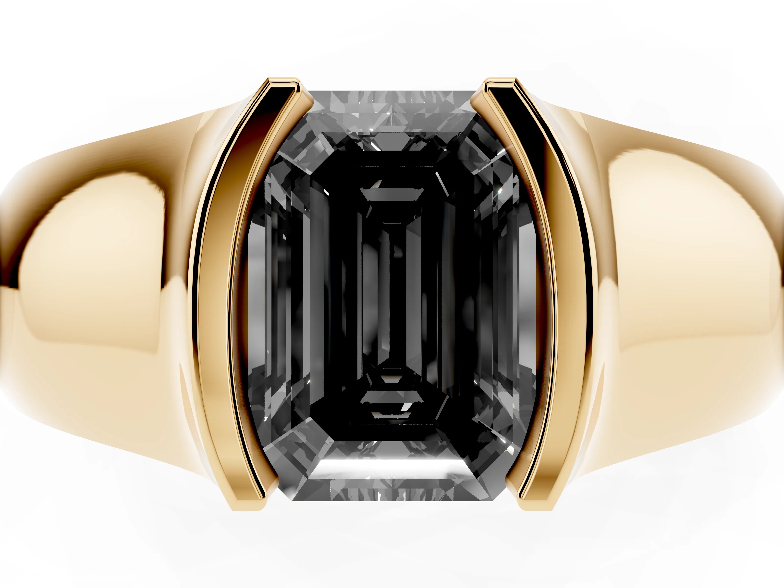 Fancy Black Emerald Cut Diamond Bezel Solitaire Ring Set in Yellow gold with Wide Band
