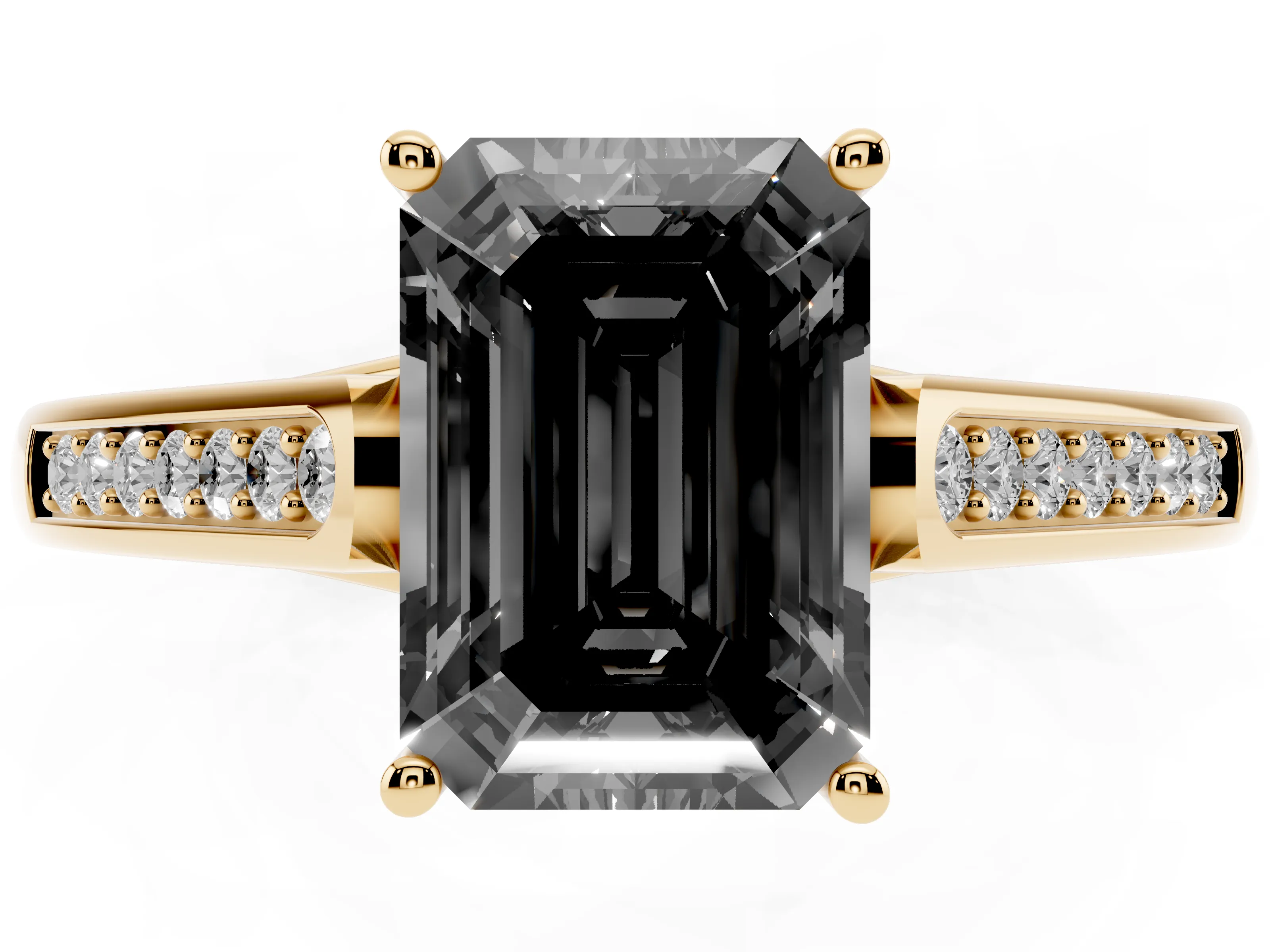 Fancy Black Emerald Cut Diamond Solitaire Cathedral Engagement Ring Set in Yellow gold with Channel-Set Band and Prong Setting