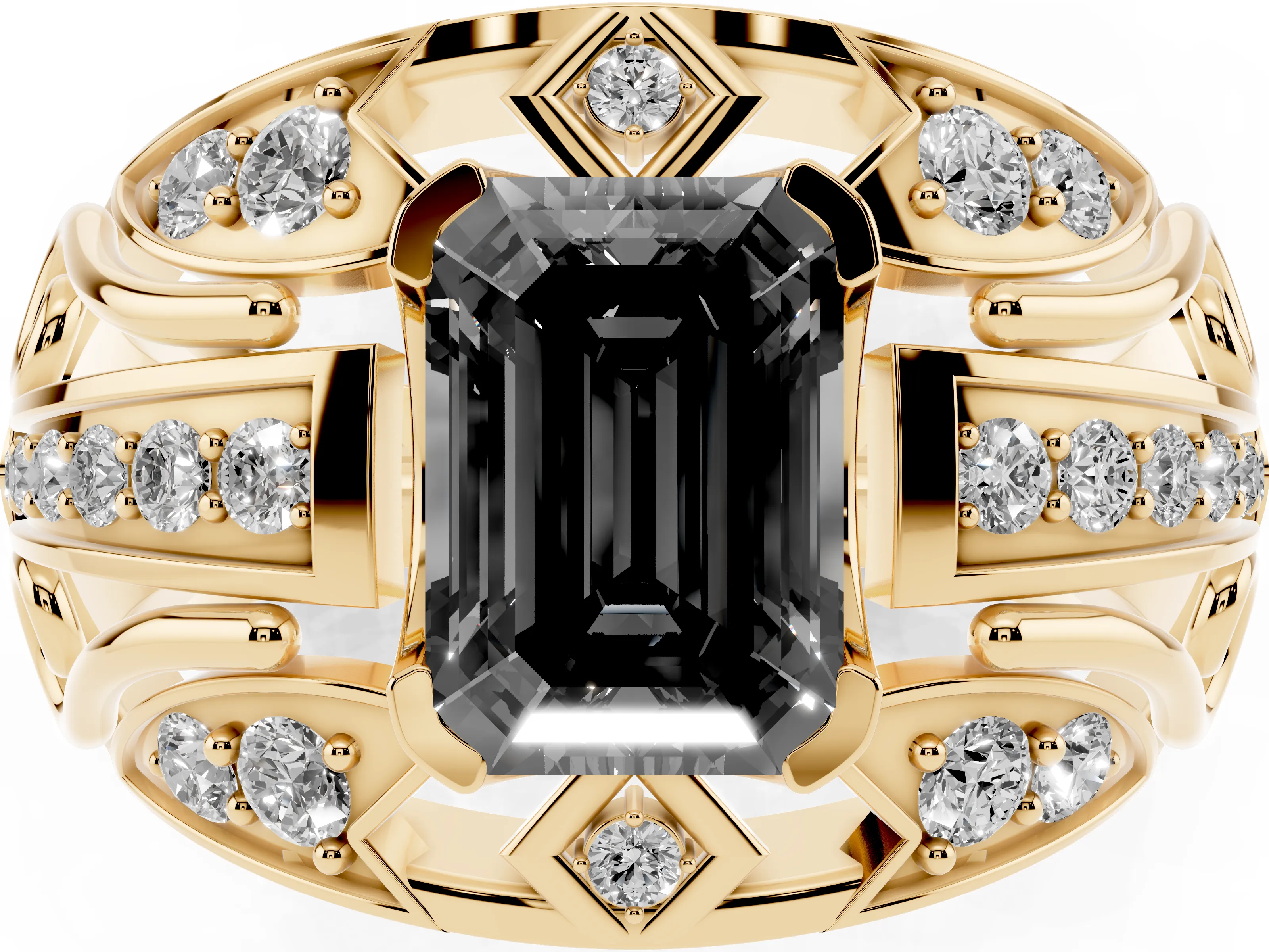 Fancy Black Emerald Cut Diamond Art Deco Ring Set in Yellow gold with Pavé Split Shank