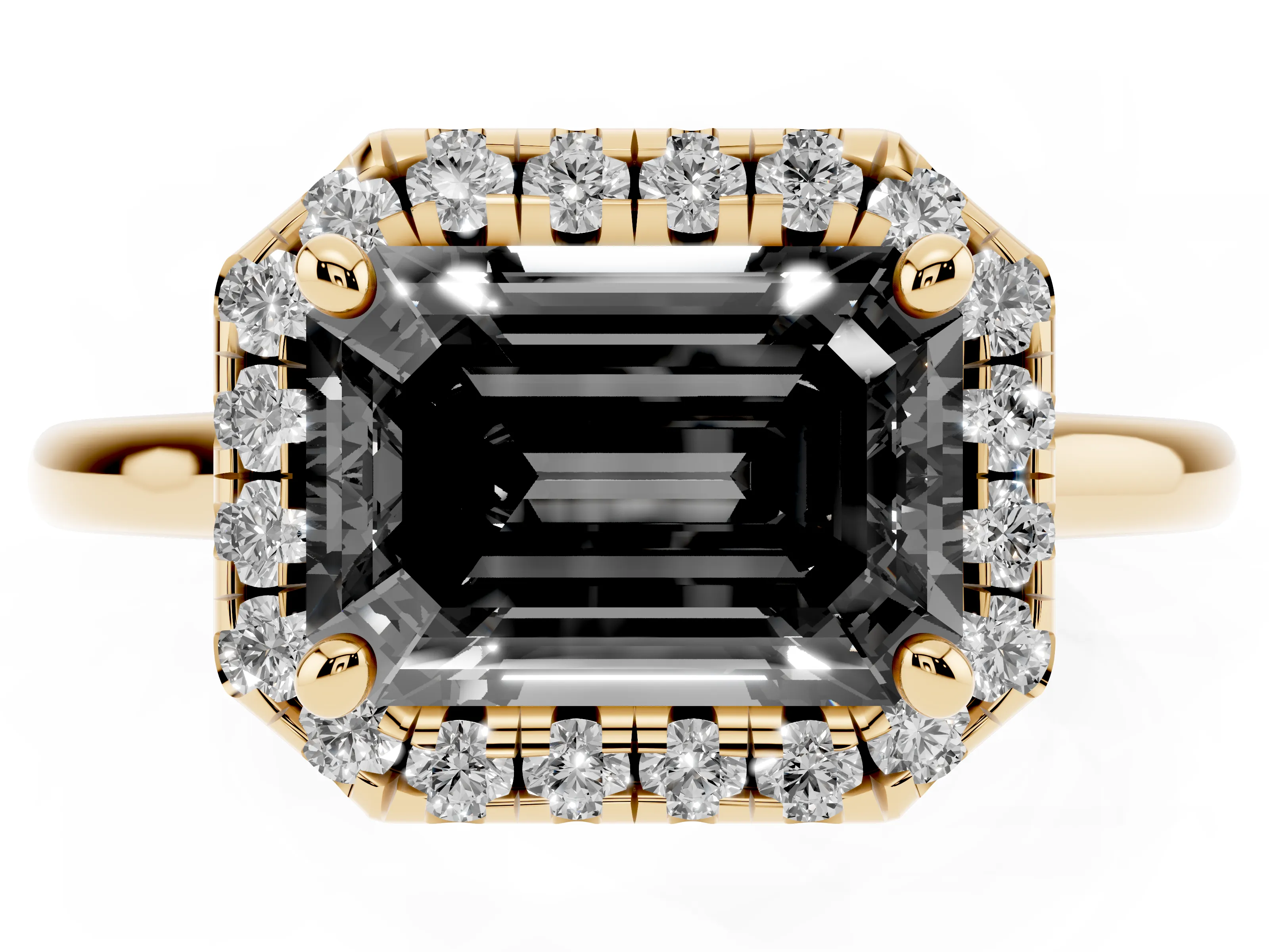 Fancy Black Emerald Cut Diamond Halo Engagement Ring Set in Yellow gold with Pavé Band and Rising Shoulders