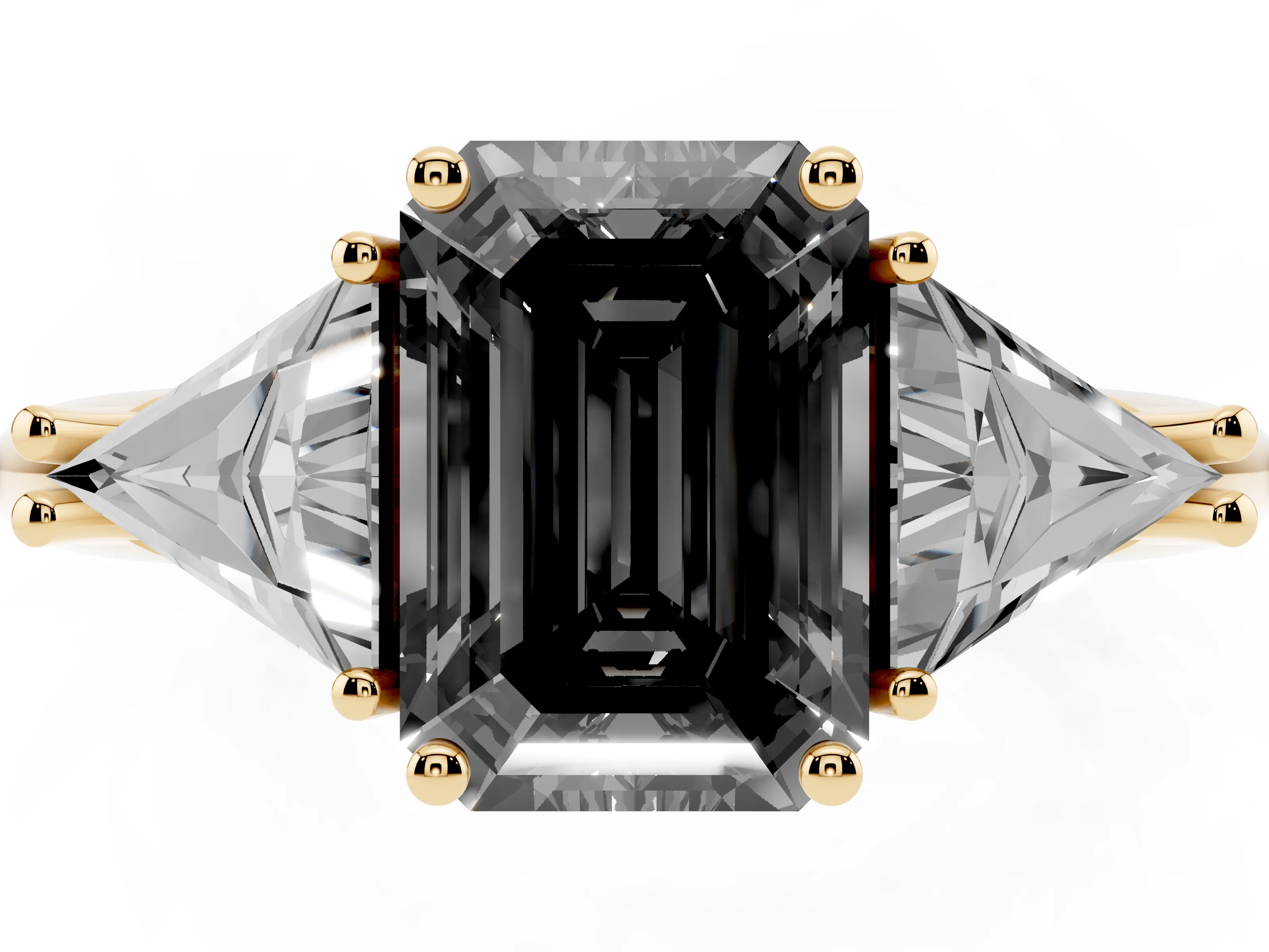 Fancy Black Emerald Cut Diamond Three-Stone Engagement Ring Set in Yellow gold with Trillion Side Stones