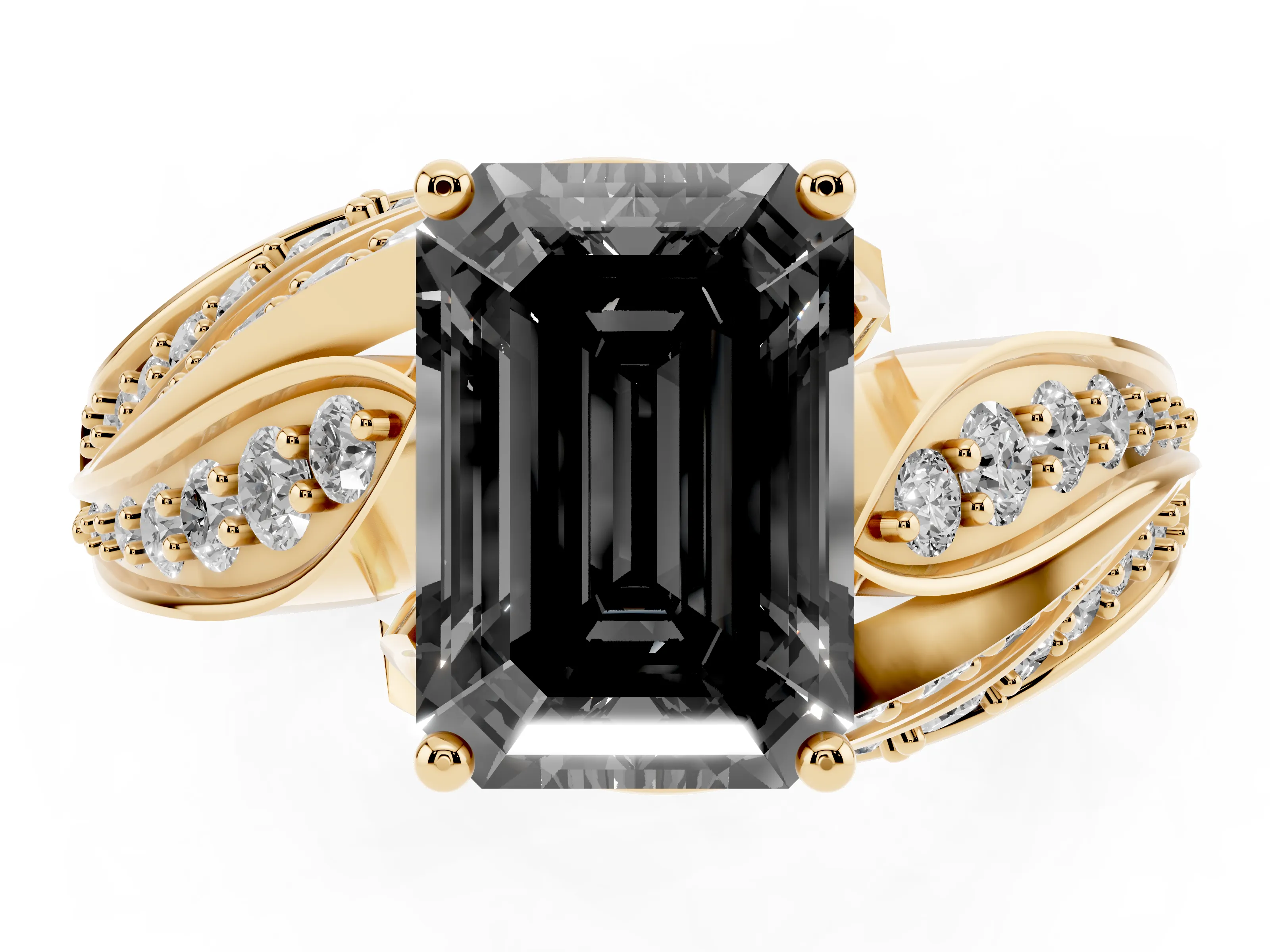 Fancy Black Emerald Cut Diamond Solitaire Ring Set in Yellow gold with Layered Twist Pavé Band