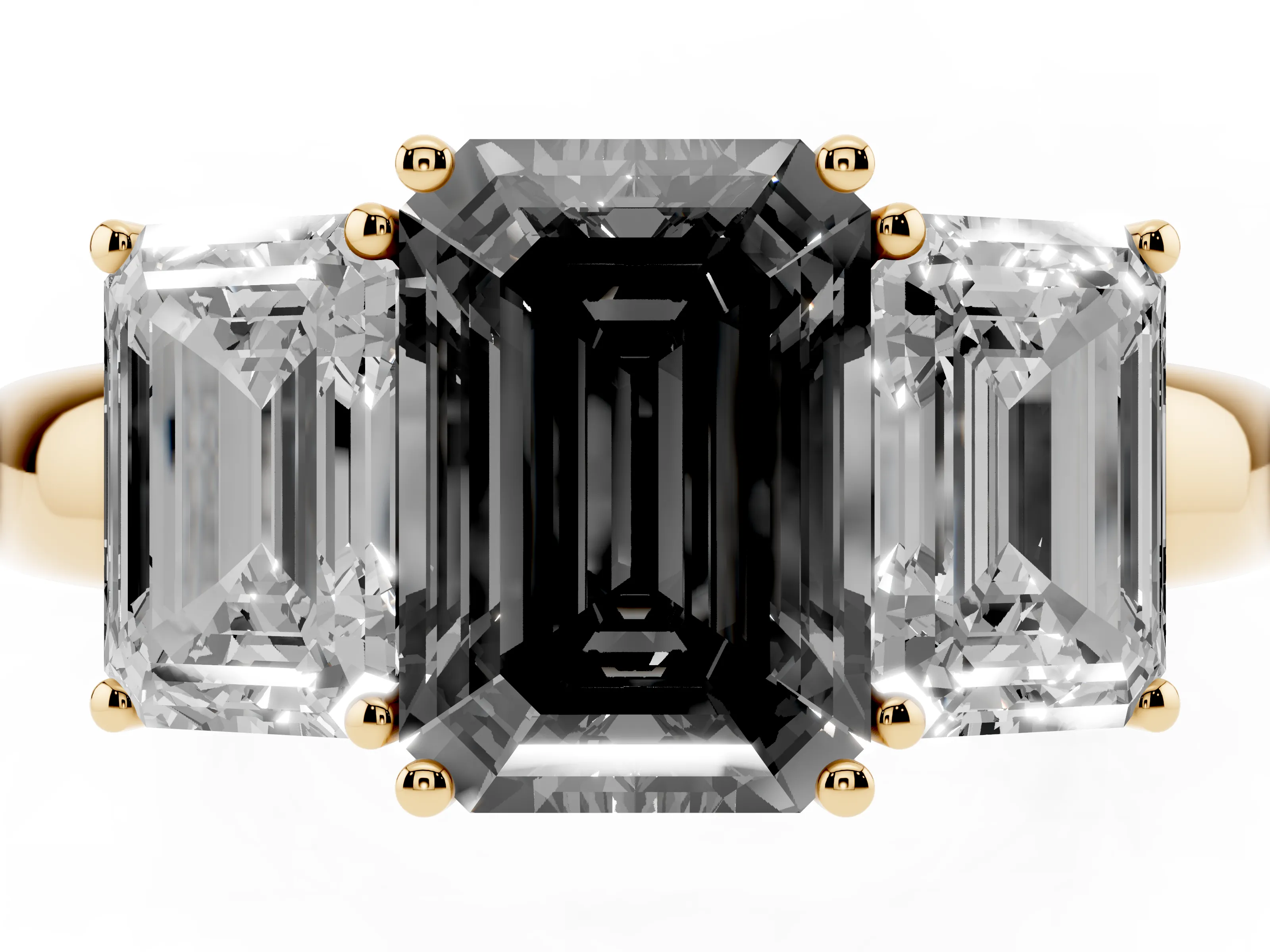 Fancy Black Emerald Cut Diamond Three-Stone Ring Set in Yellow gold with Bold Center and Classic Band