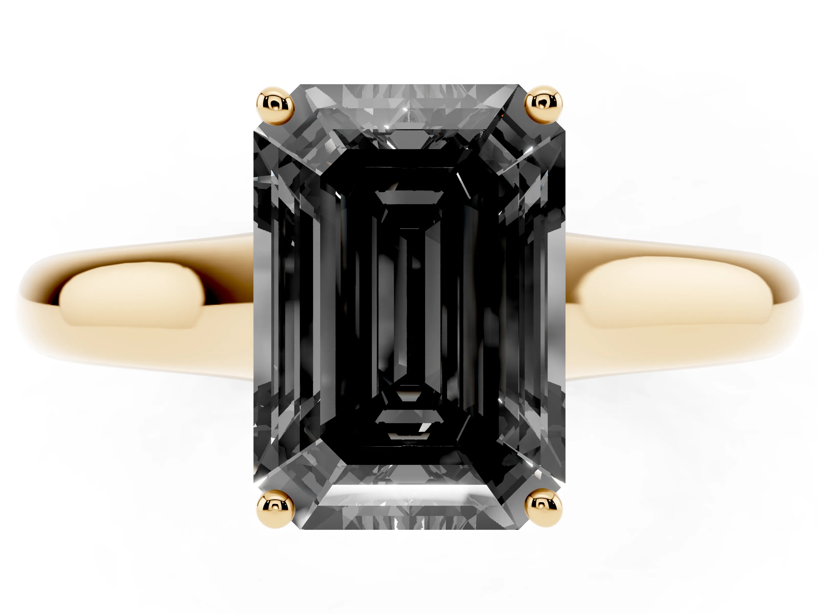 Fancy Black Emerald Cut Diamond Solitaire Engagement Ring Set in Yellow gold with Subtly Tapered Band and Prong Setting