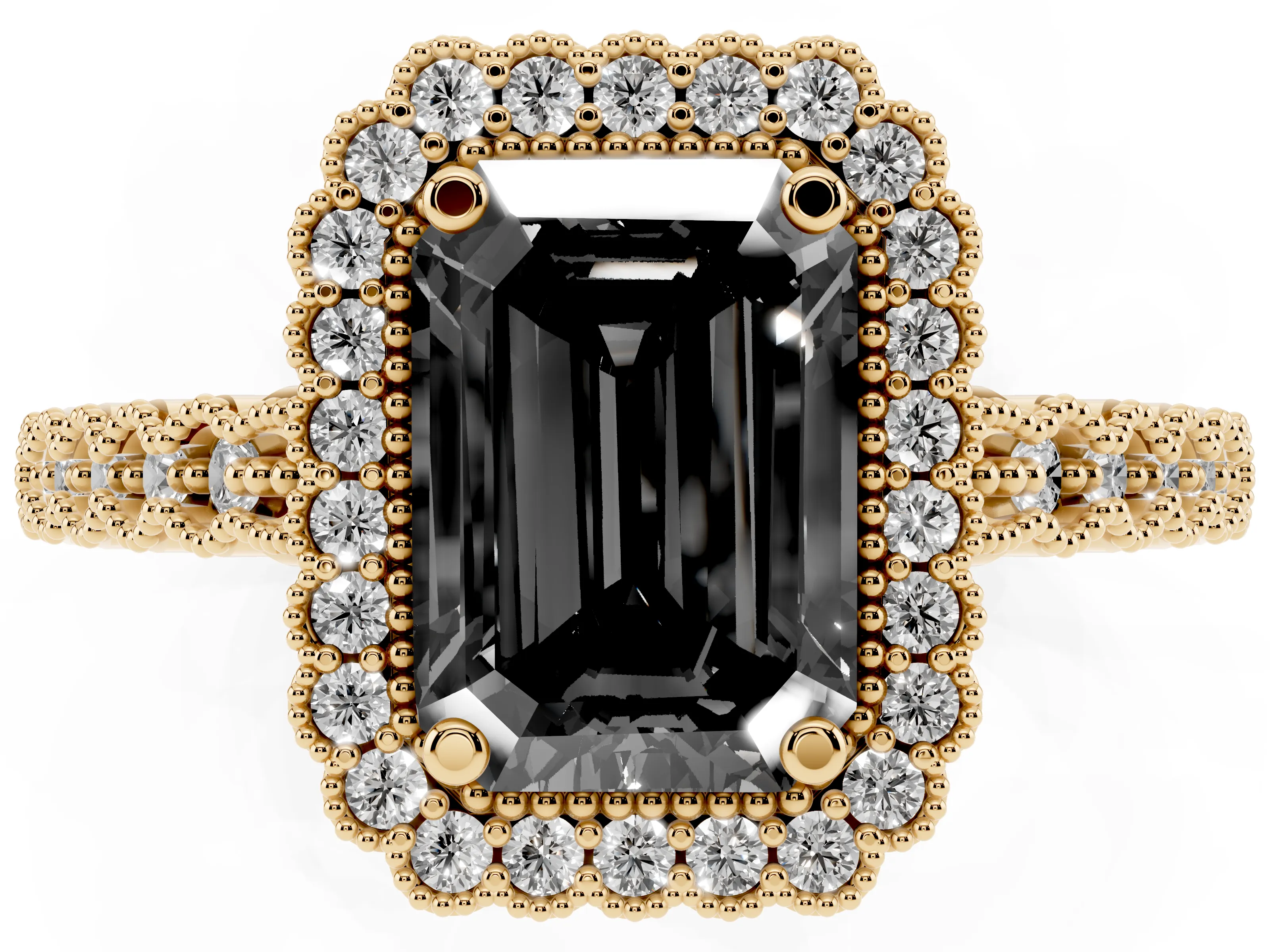 Fancy Black Emerald Cut Diamond Halo Ring Set in Yellow gold with Pavé Milgrain Band