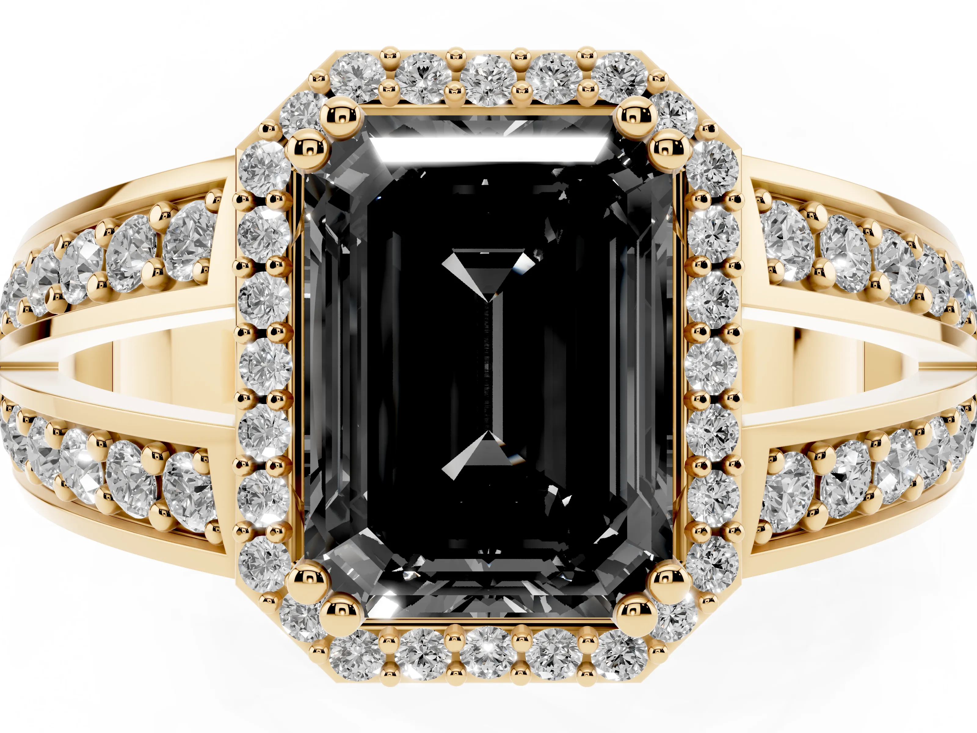 Fancy Black Emerald Cut Diamond Halo Ring Set in Yellow gold with Double Pavé Split Shank