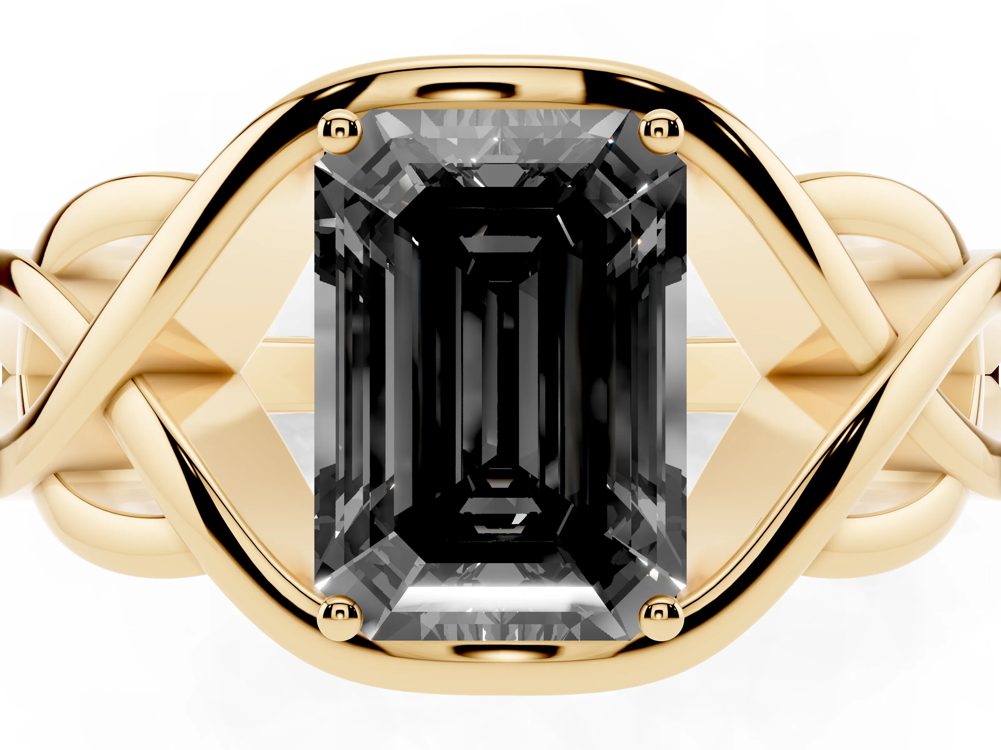 Fancy Black Emerald Cut Diamond Solitaire Ring Set in Yellow gold with Intertwined Band