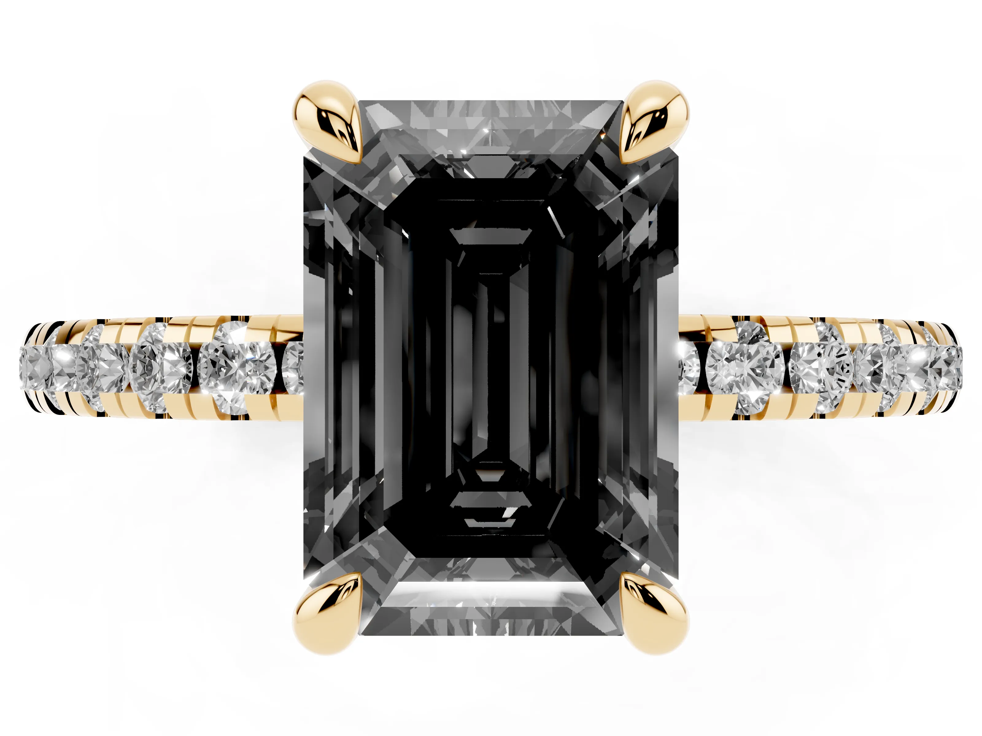 Fancy Black Emerald Cut Diamond Brilliant Solitaire Ring Set in Yellow gold with Pavé Band and Prong Setting