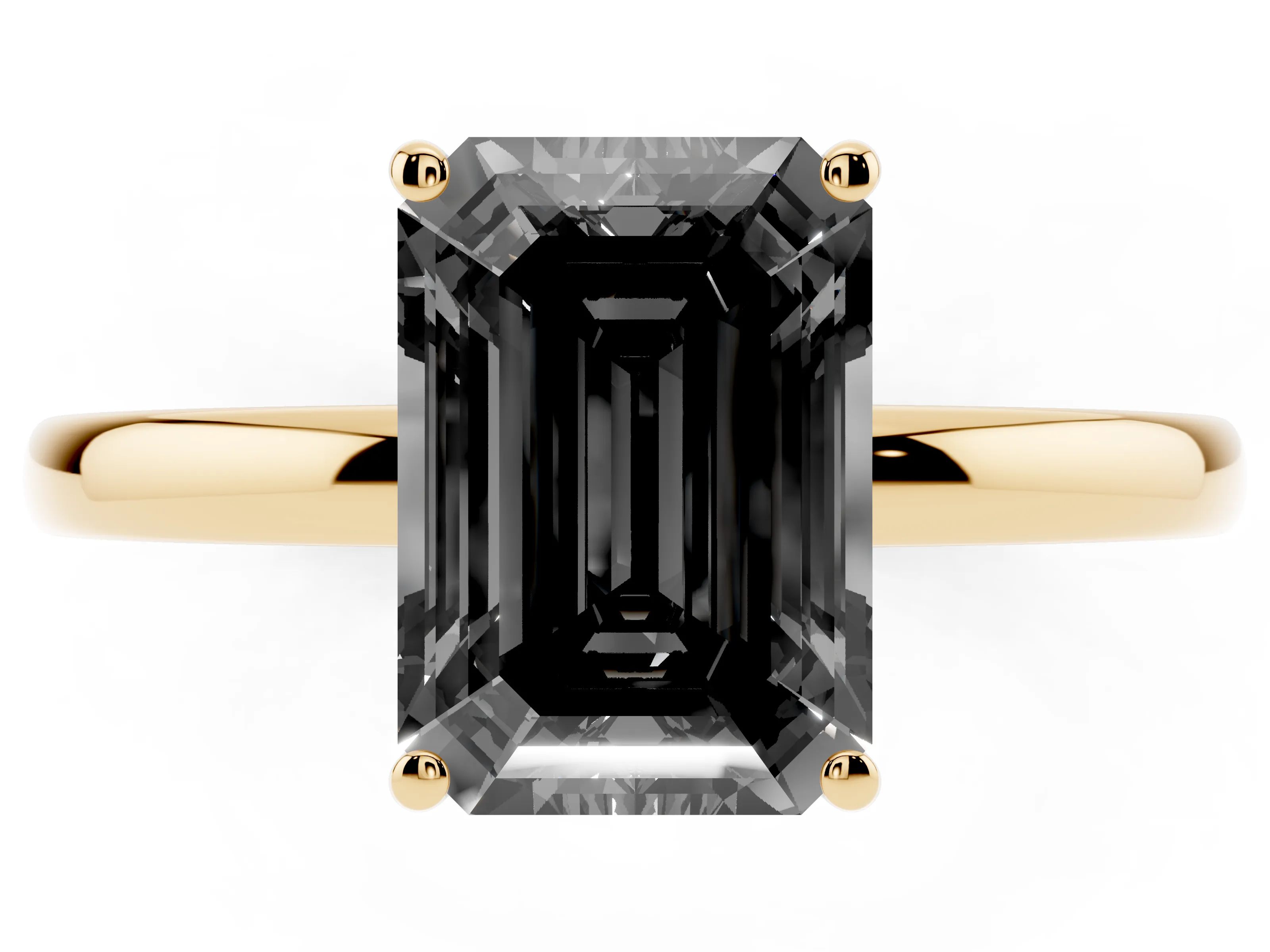 Fancy Black Emerald Cut Diamond Solitaire Ring Set in Yellow gold with Plain Band and Prong Setting