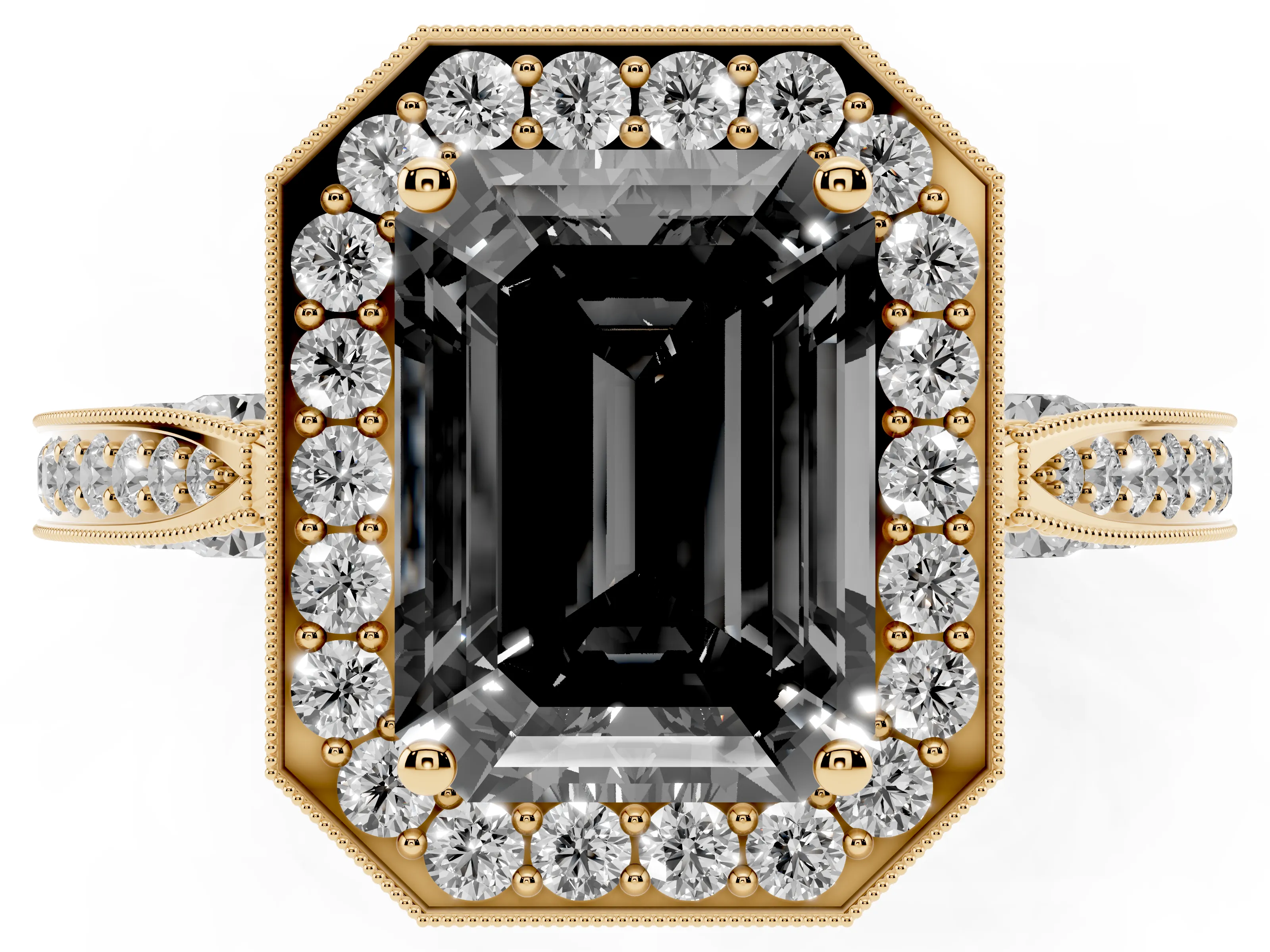 Fancy Black Emerald Cut Diamond Halo Engagement Ring Set in Yellow gold with Accent Split Shank Band