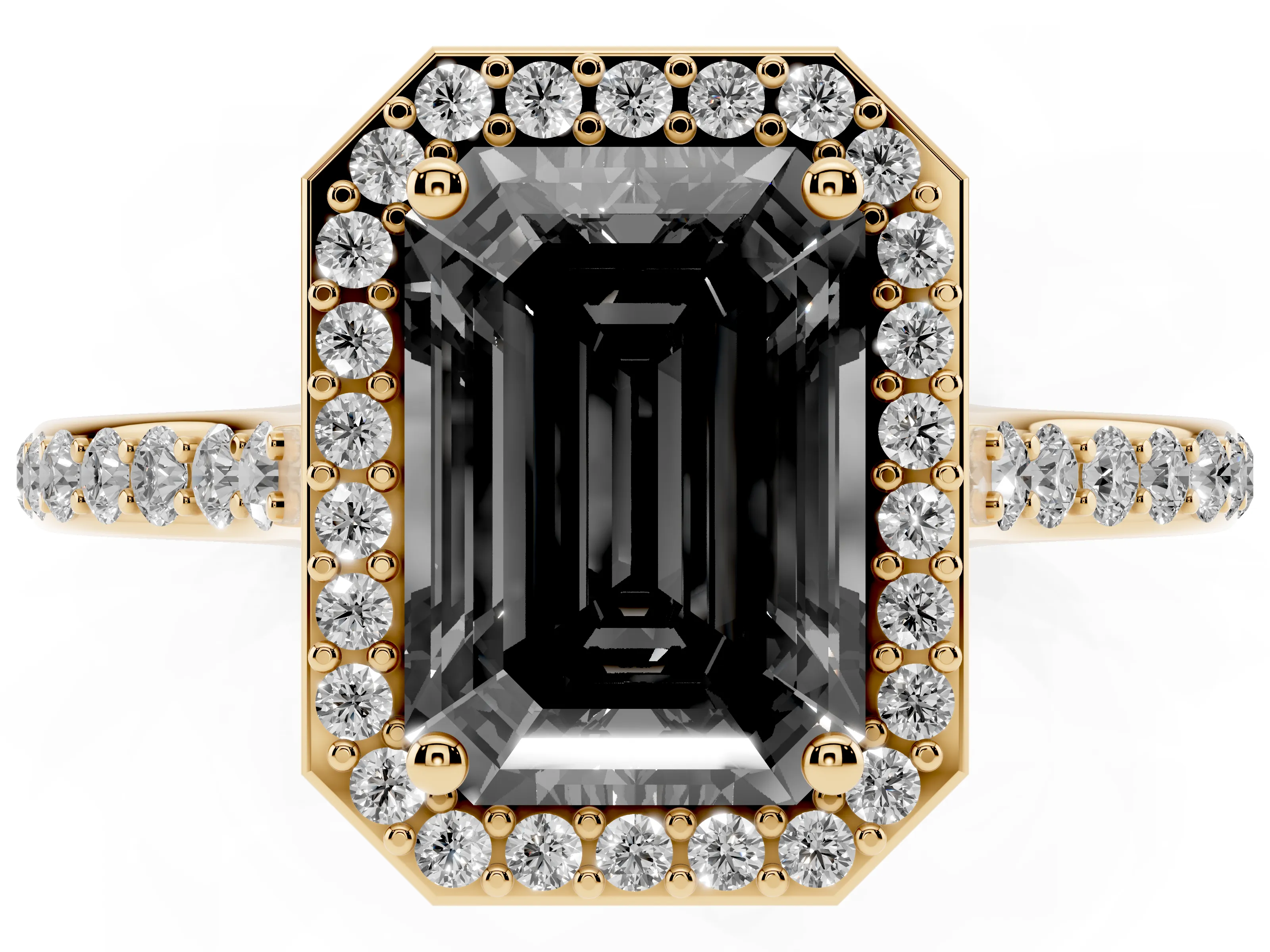 Fancy Black Emerald Cut Diamond Halo Engagement Ring Set in Yellow gold with Round Pavé Shoulders and Heart Gallery