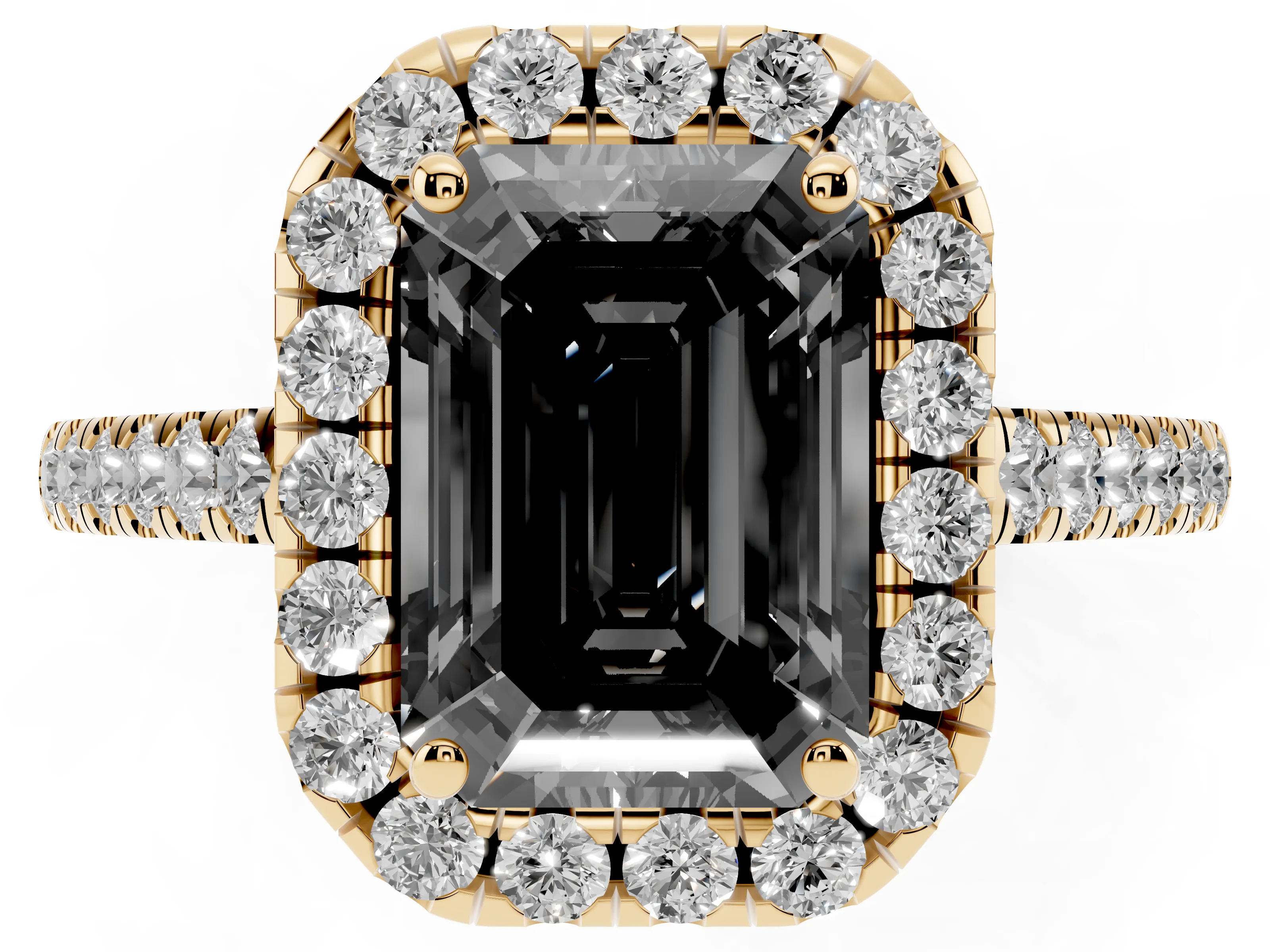 Fancy Black Emerald Cut Diamond Halo Pavé Engagement Ring Set in Yellow gold with Prong Setting