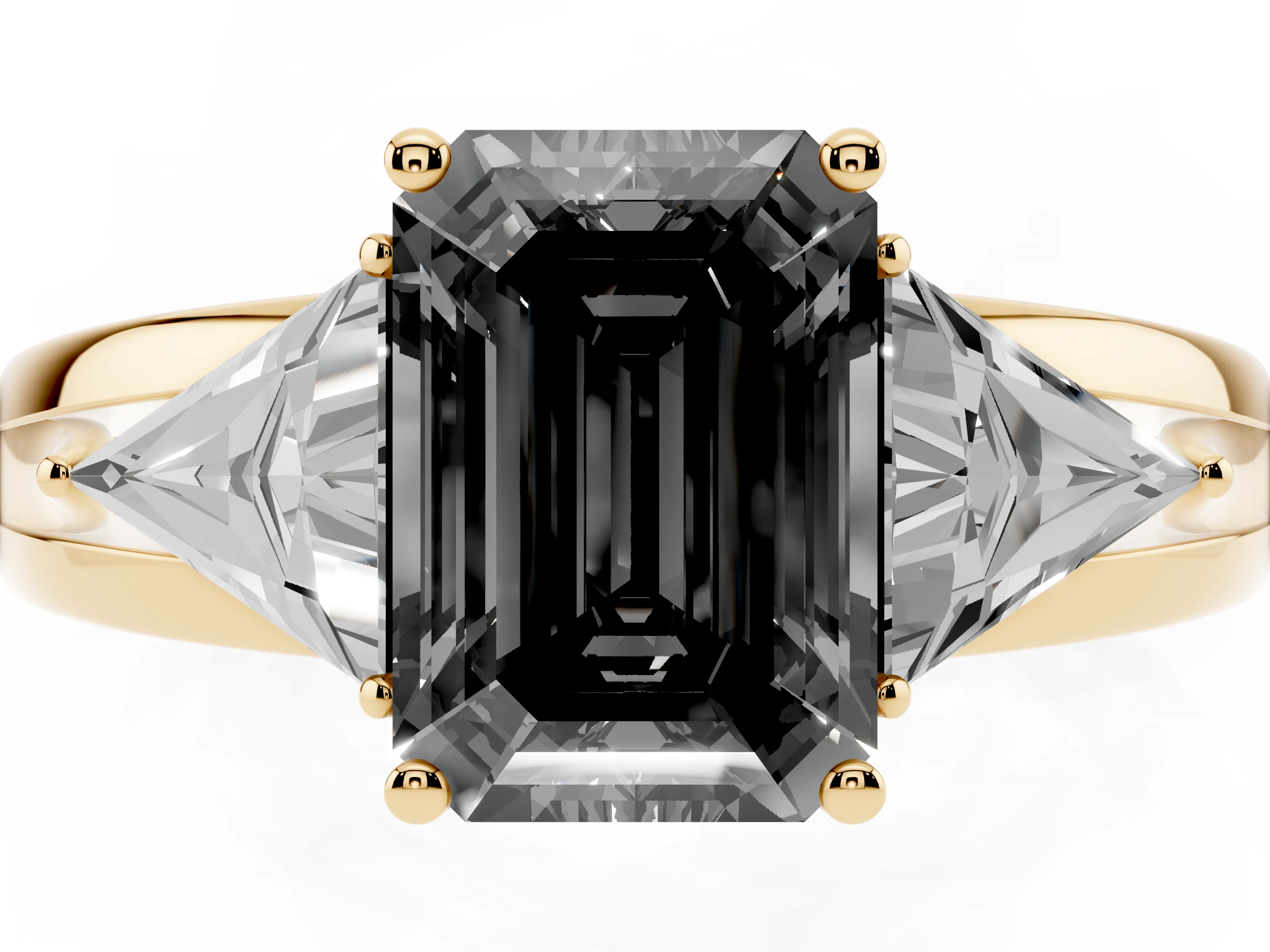 Fancy Black Emerald Cut Diamond Three-Stone Ring Set in Yellow gold with Trillion Side Stones and Split Shank