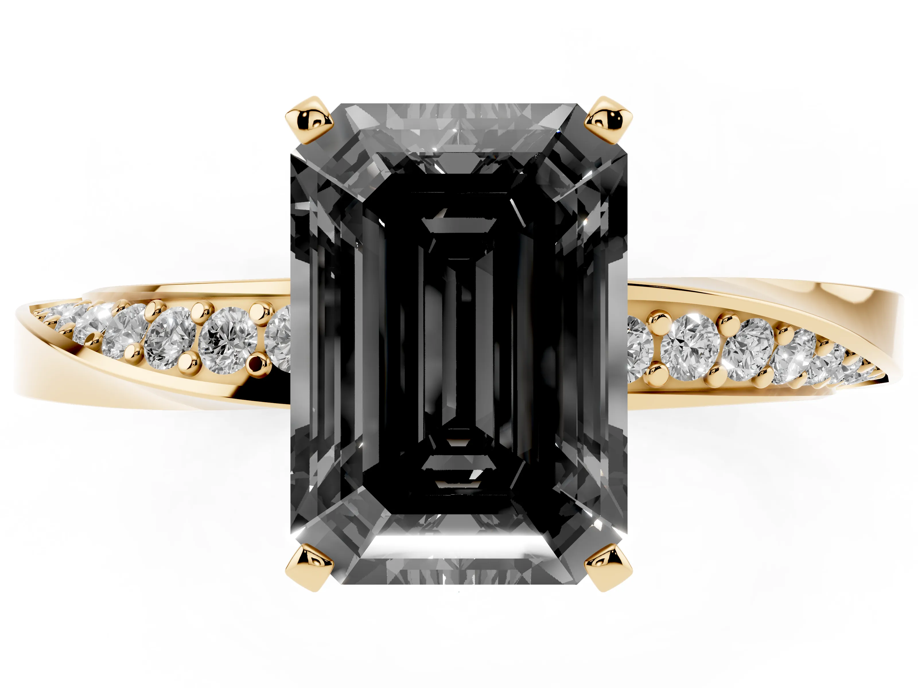 Fancy Black Emerald Cut Diamond Engagement Ring Set in Yellow gold with Side Stone Accents and Prong Setting