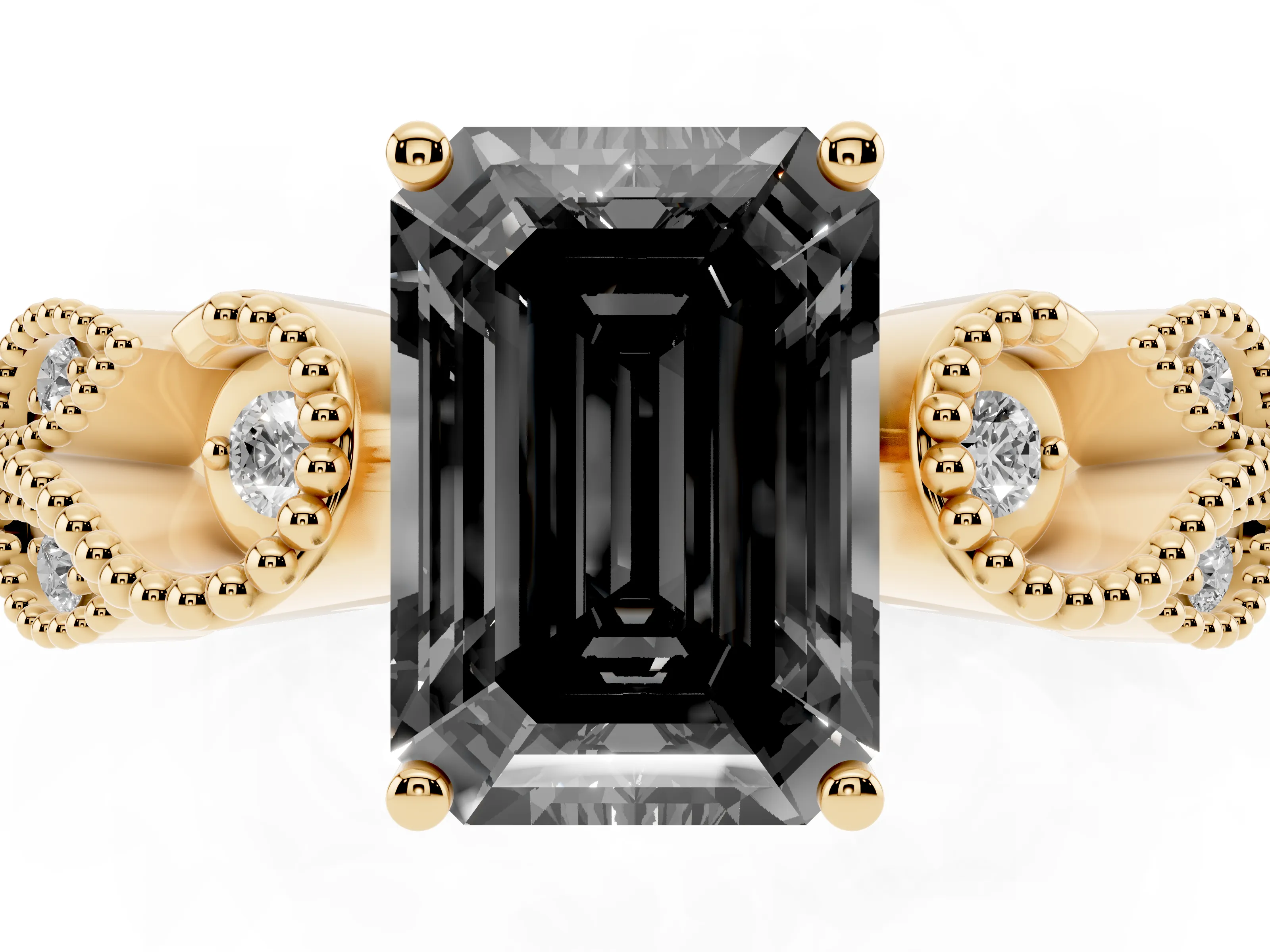 Fancy Black Emerald Cut Diamond Milgrain Leaf Band Solitaire Ring Set in Yellow gold with Accent Stones and Prong Setting