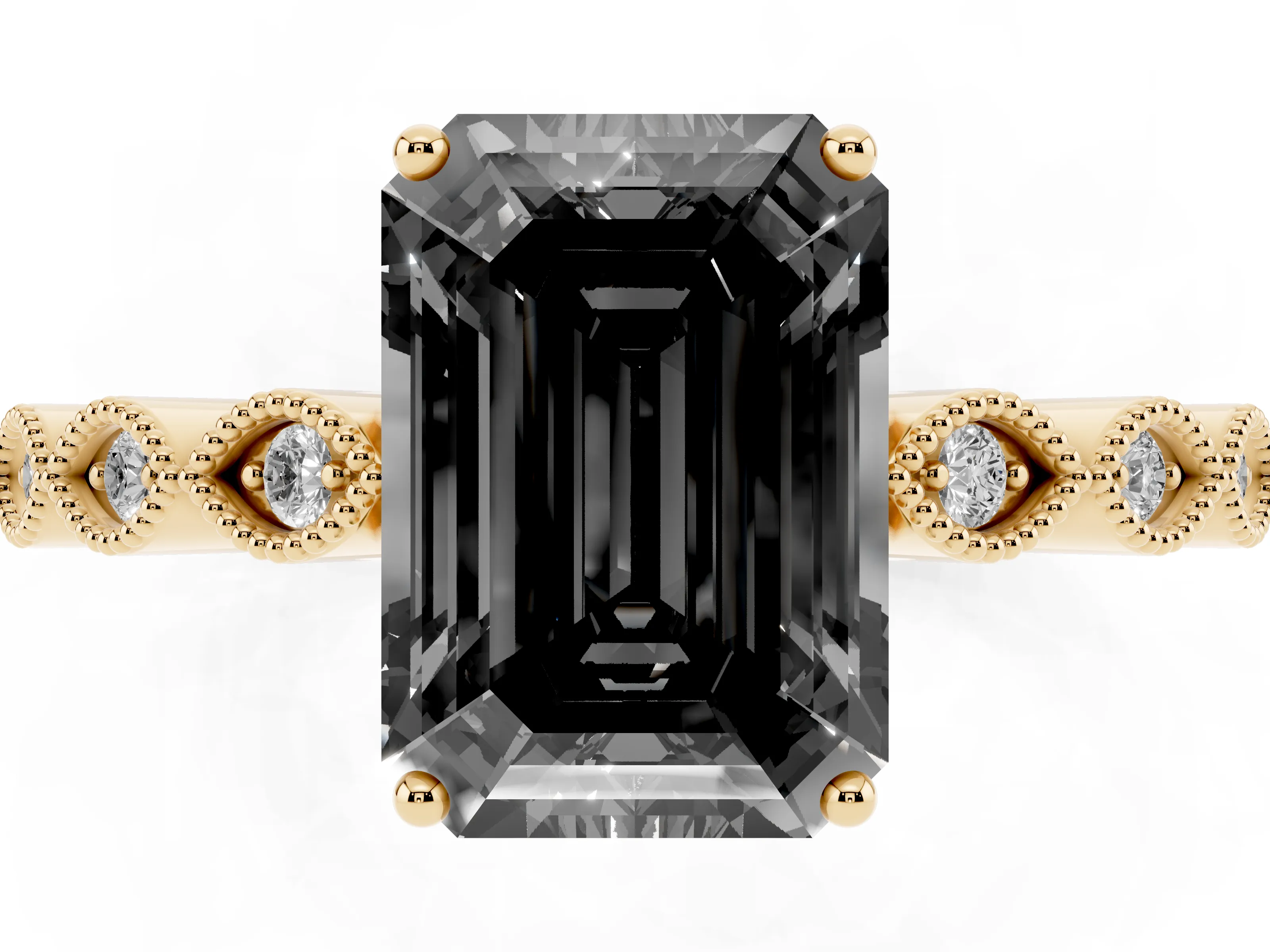 Fancy Black Emerald Cut Diamond Solitaire Ring Set in Yellow gold with Infinity Twist Pavé Band