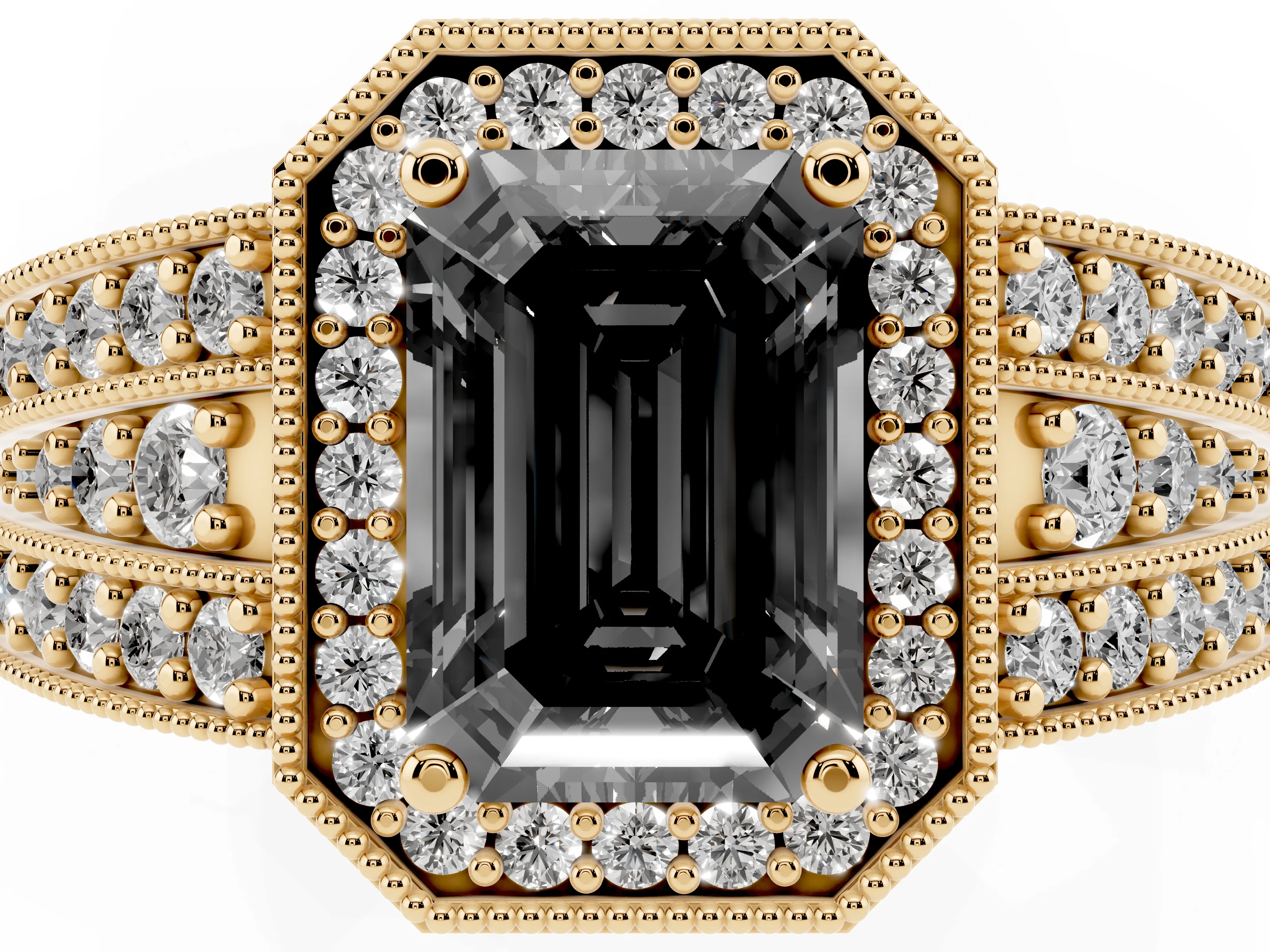 Fancy Black Emerald Cut Diamond Halo Ring Set in Yellow gold with Accent Split Shank and Prong Setting