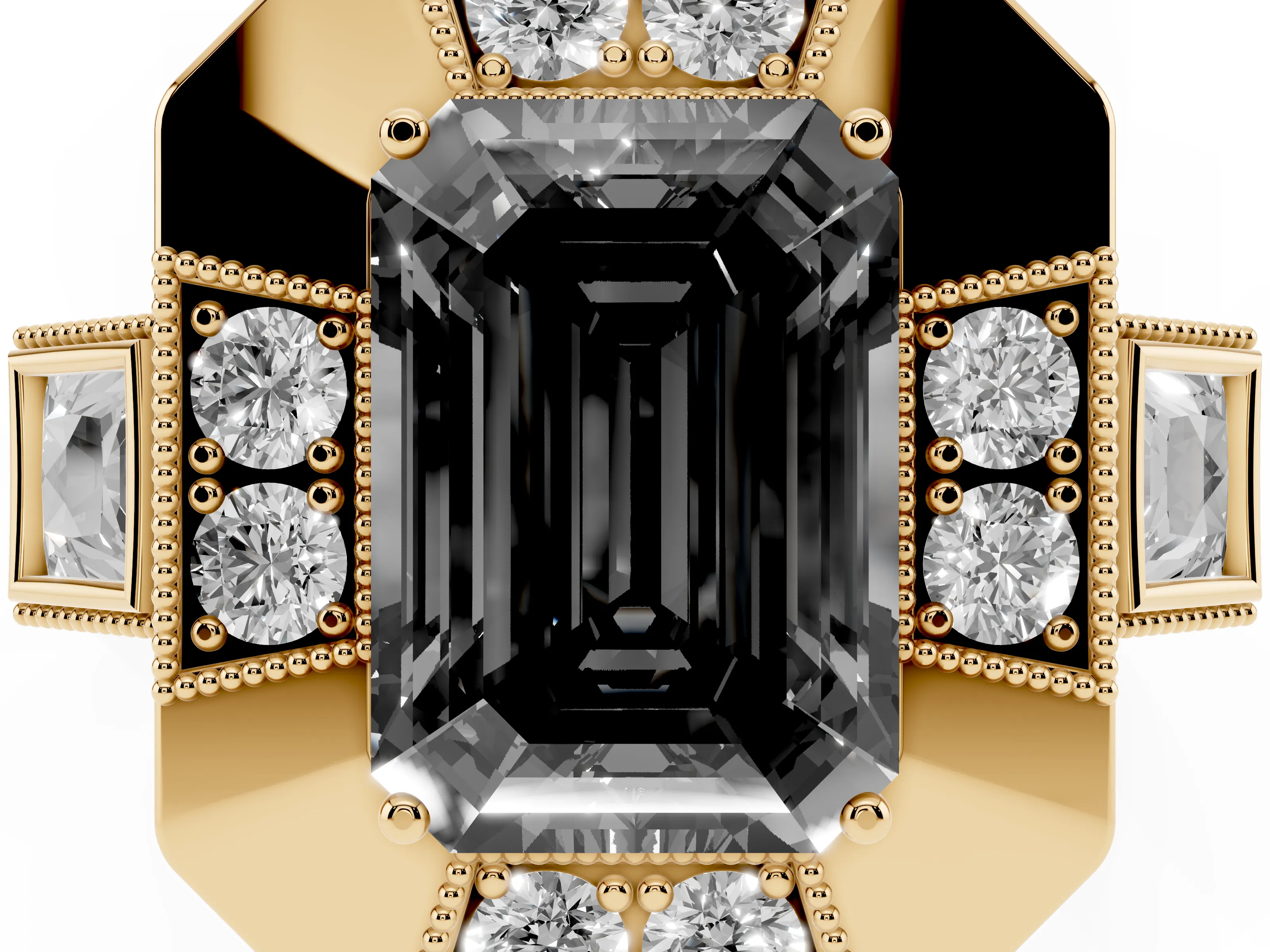 Fancy Black Emerald Cut Diamond Milgrain Halo Ring Set in Yellow gold with Split Shank