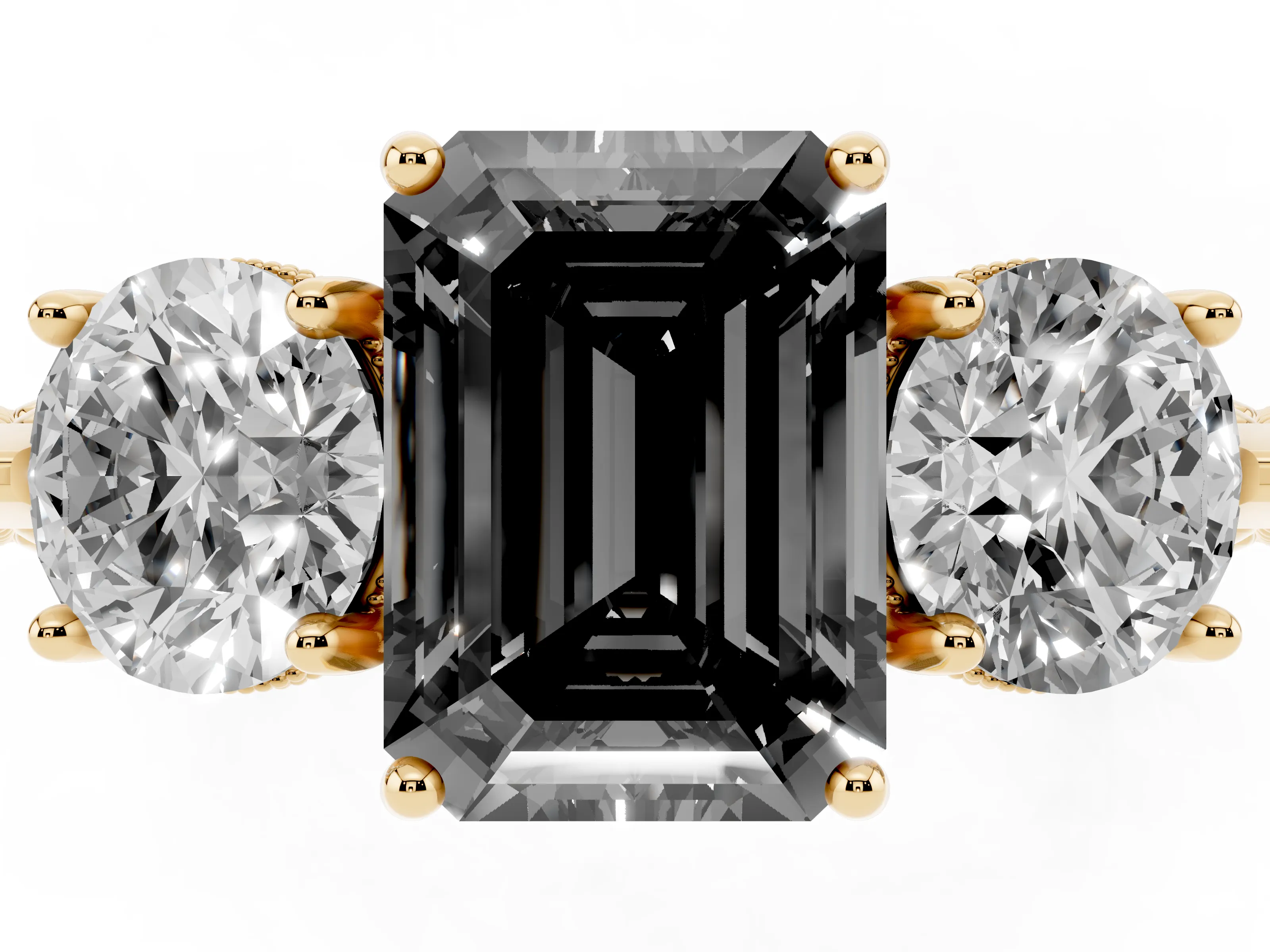 Fancy Black Emerald Cut Diamond Three-Stone Ring Set in Yellow gold with Milgrain Band