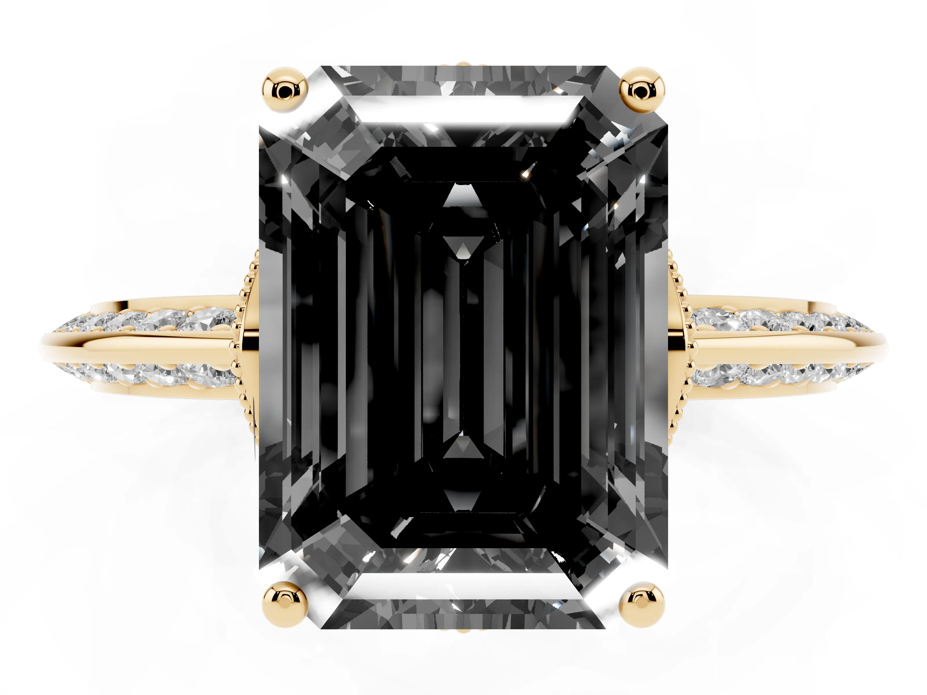 Fancy Black Emerald Cut Diamond Solitaire Engagement Ring Set in Yellow gold with Pavé Split Shank and Prong Setting