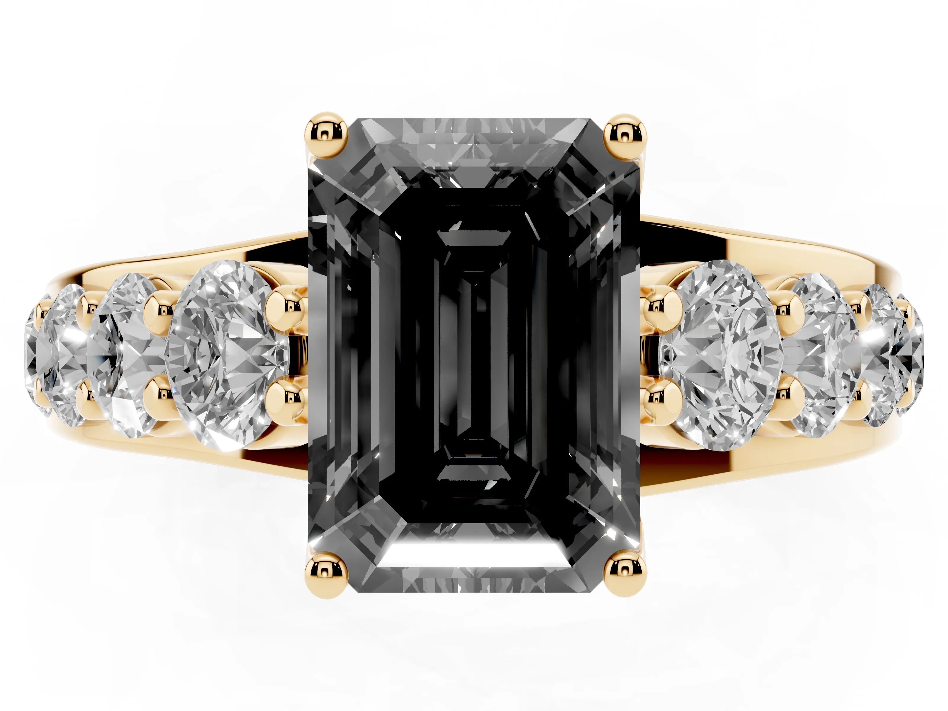 Fancy Black Emerald Cut Diamond Pavé Engagement Ring Set in Yellow gold with Prong Setting
