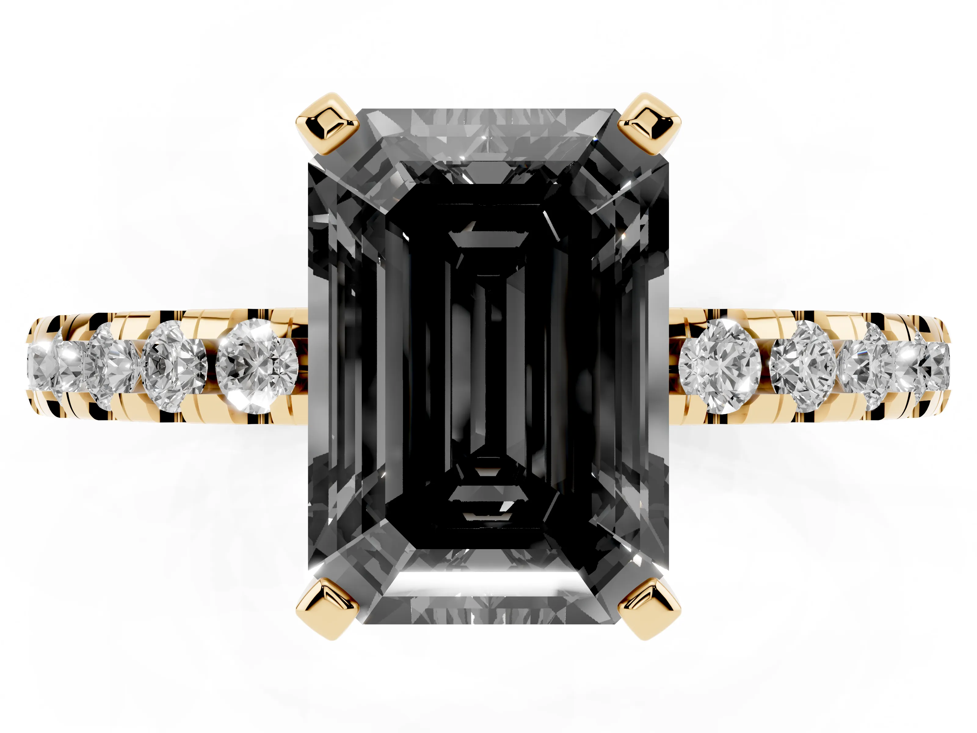 Fancy Black Emerald Cut Diamond Pavé Solitaire Ring Set in Yellow gold with Round Band Accents and Prong Setting