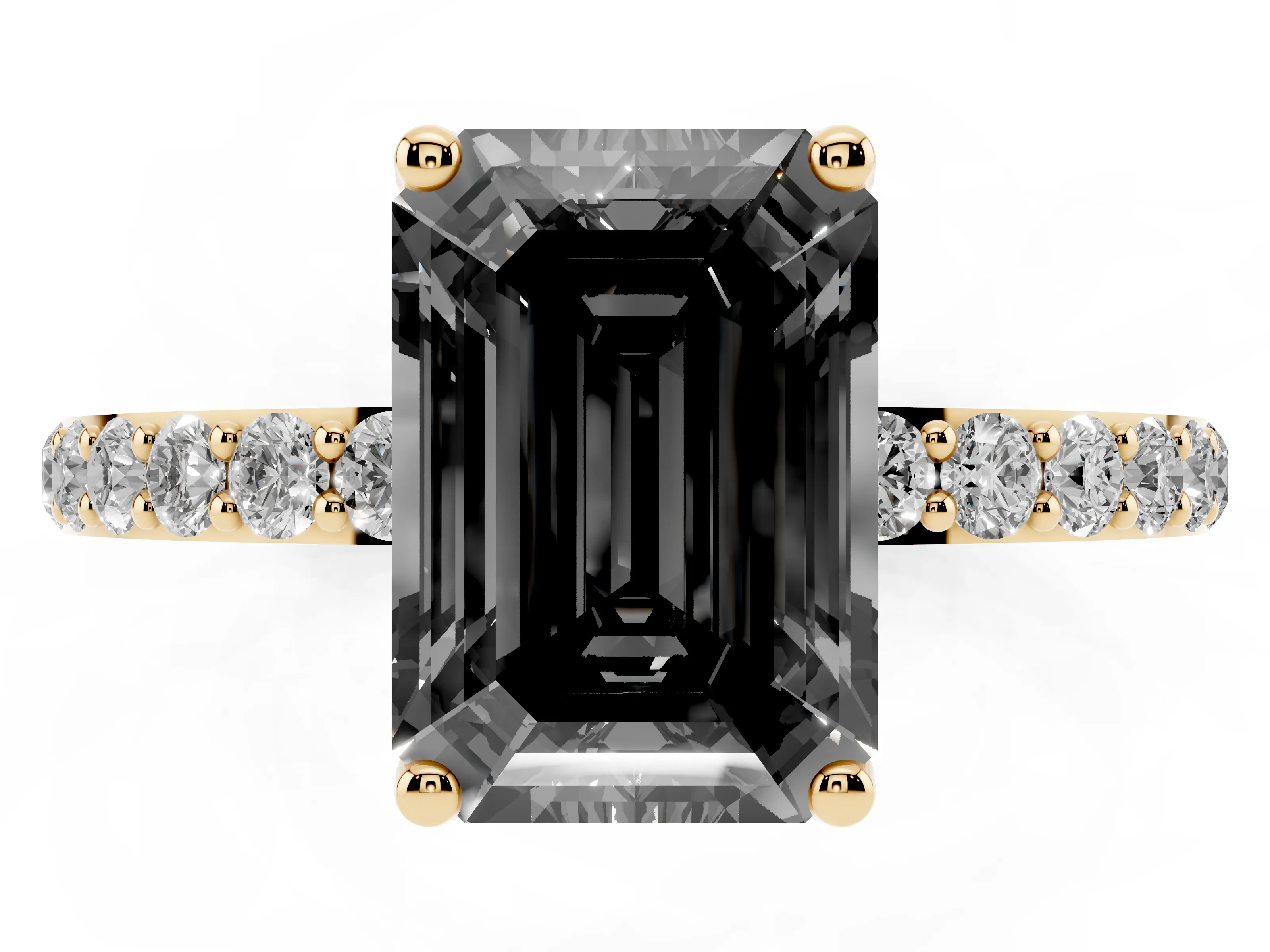 Fancy Black Emerald Cut Diamond Solitaire Engagement Ring Set in Yellow gold with Round Pavé Band and Prong Setting