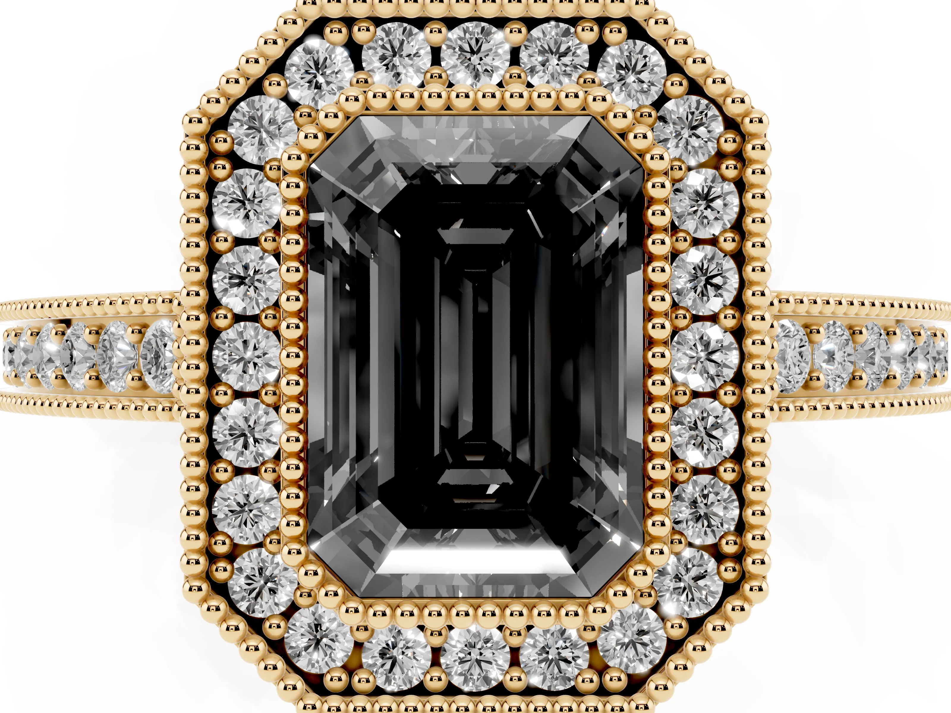 Fancy Black Emerald Cut Diamond Round Halo Ring Set in Yellow gold with Pavé Band