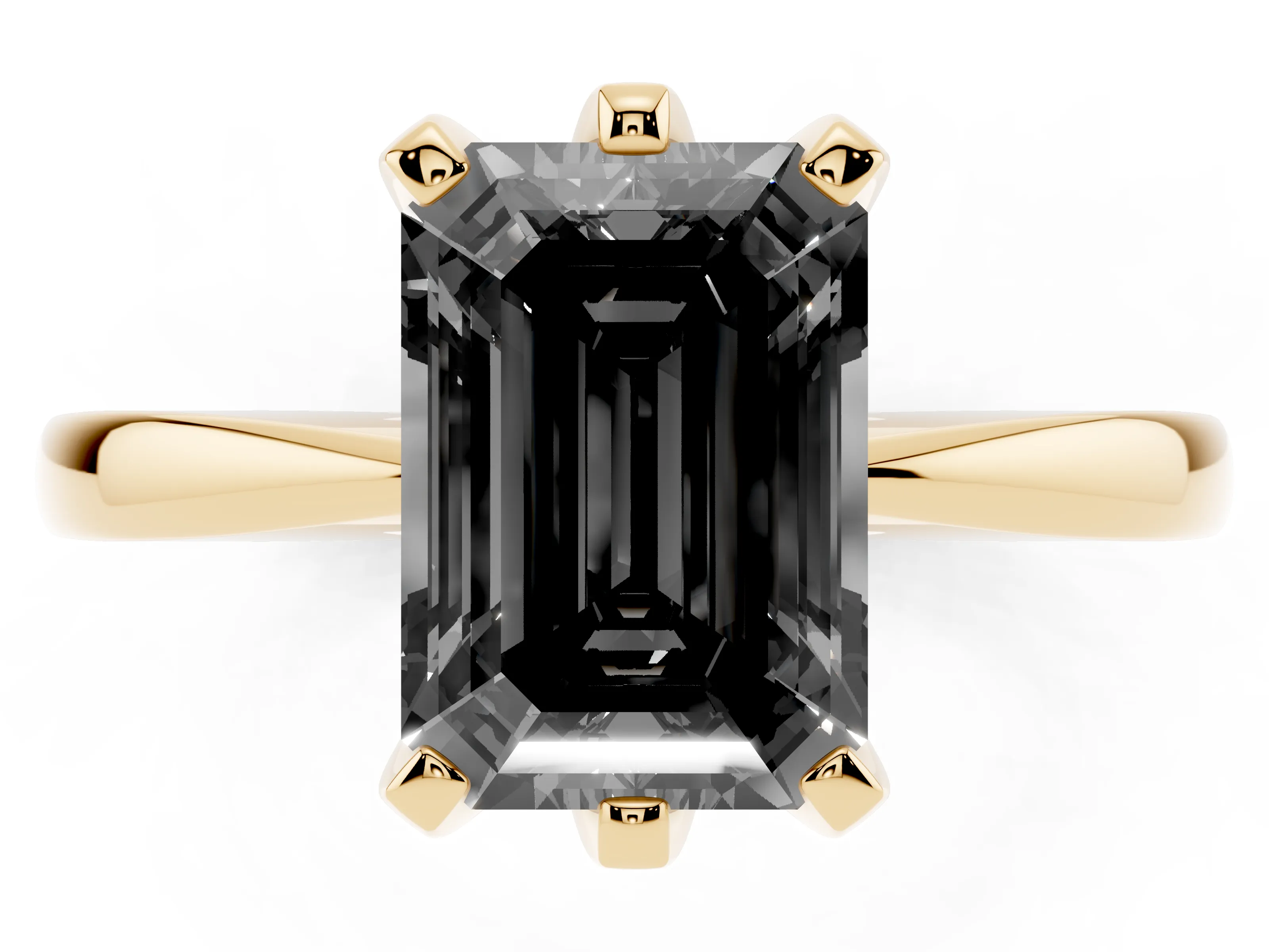 Fancy Black Emerald Cut Diamond Solitaire Engagement Ring Set in Yellow gold with Slim Tapered Solitaire Band