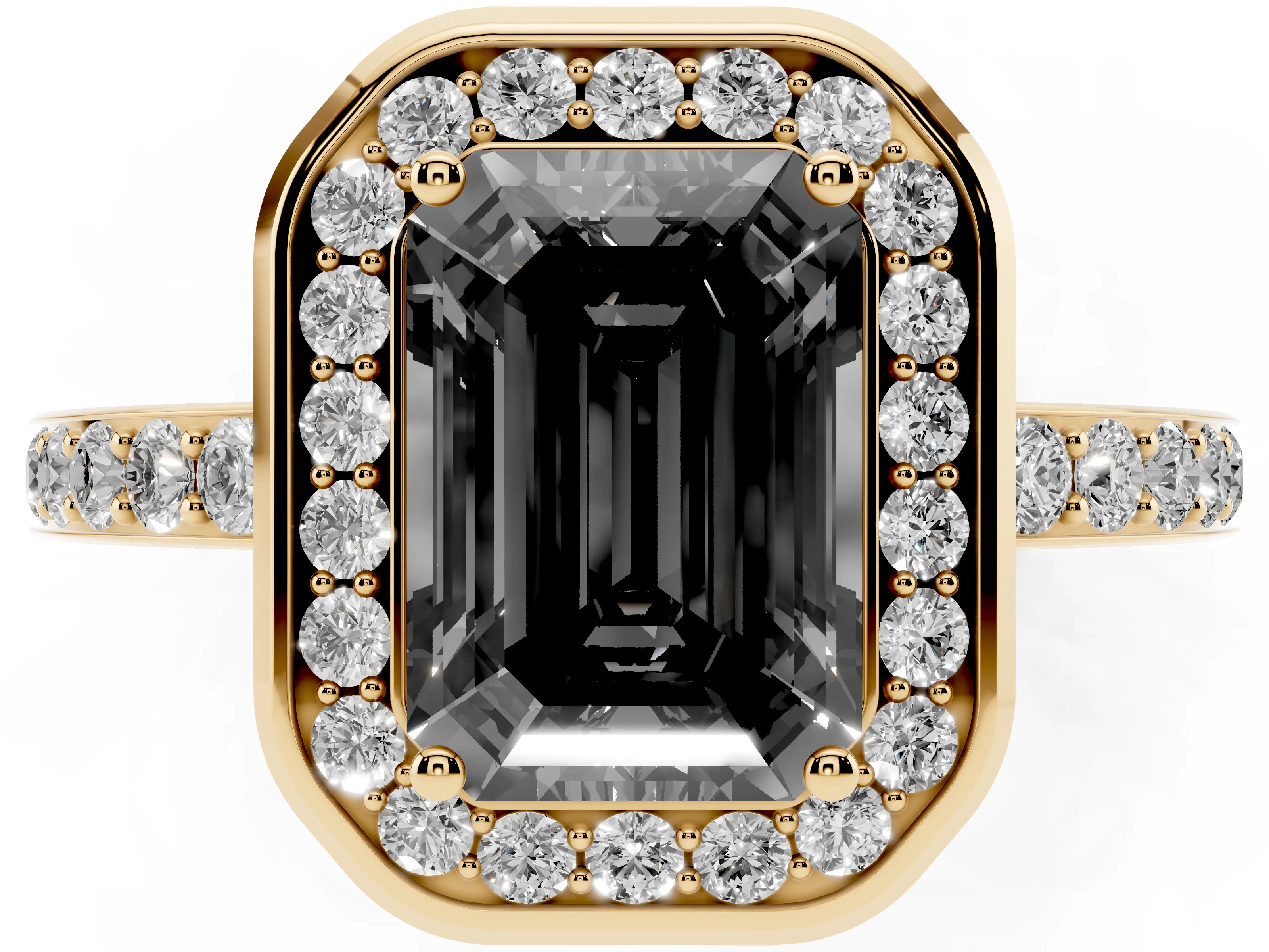 Fancy Black Emerald Cut Diamond Halo Ring Set in Yellow gold with Bezel Frame and Pavé Band
