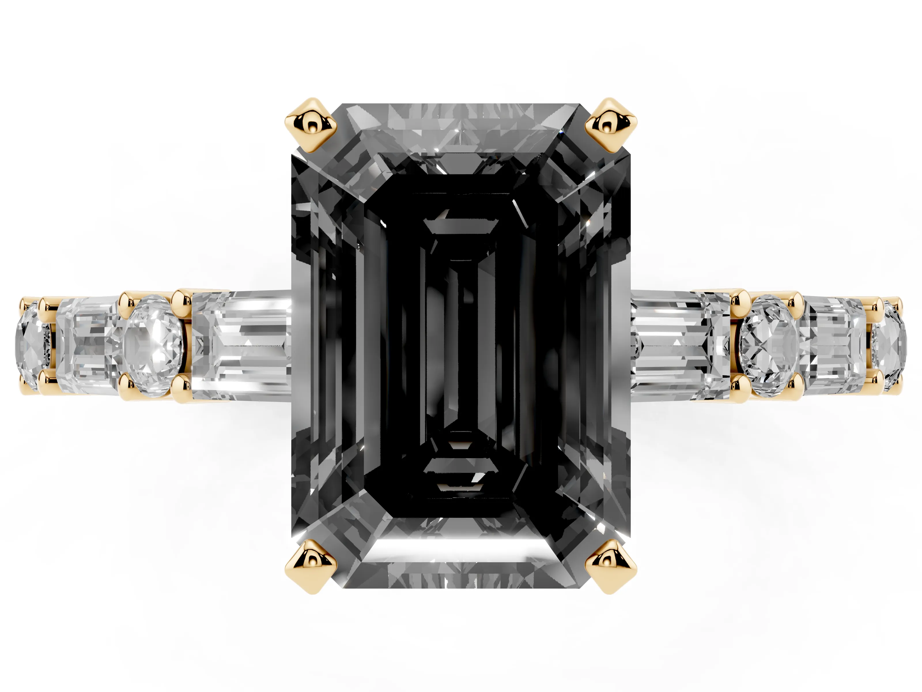 Fancy Black Emerald Cut Diamond Solitaire Set in Yellow gold with Side Baguettes and Channel Set Band