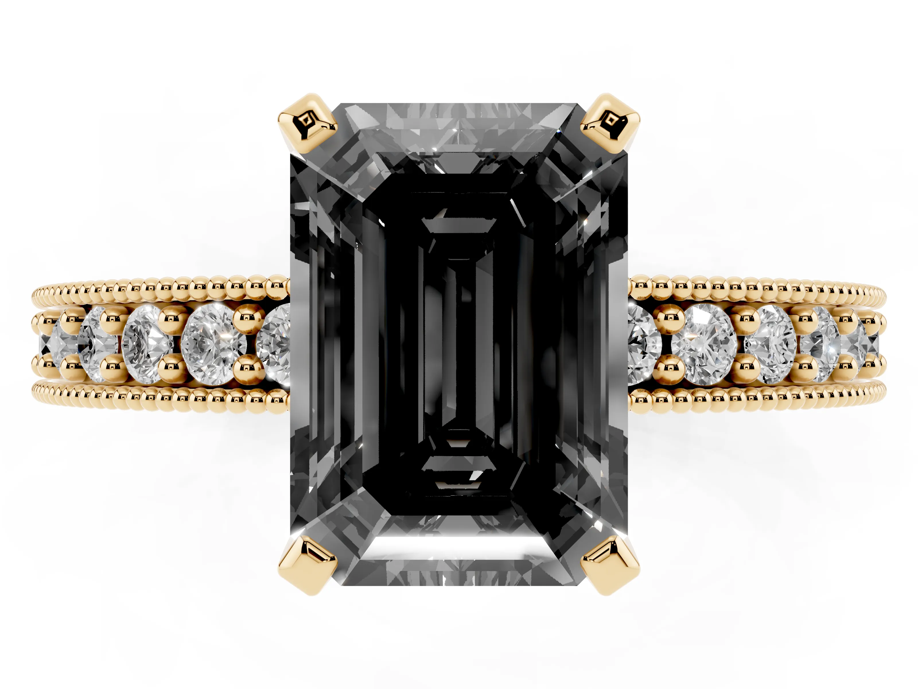 Fancy Black Emerald Cut Diamond Milgrain Pavé Engagement Ring Set in Yellow gold with Prong Setting