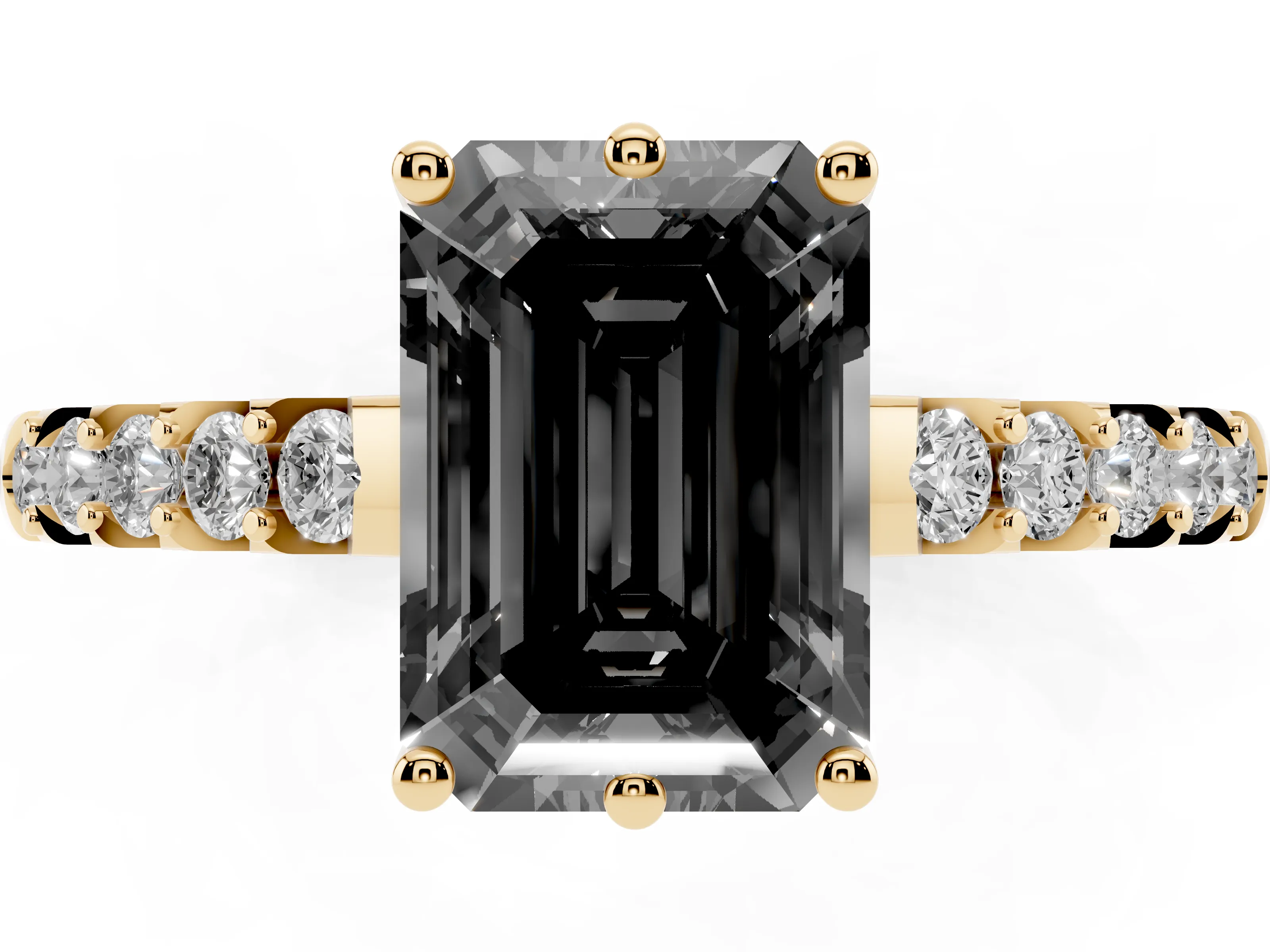 Fancy Black Emerald Cut Diamond Solitaire Engagement Ring Set in Yellow gold with Pavé Band and Prong Setting