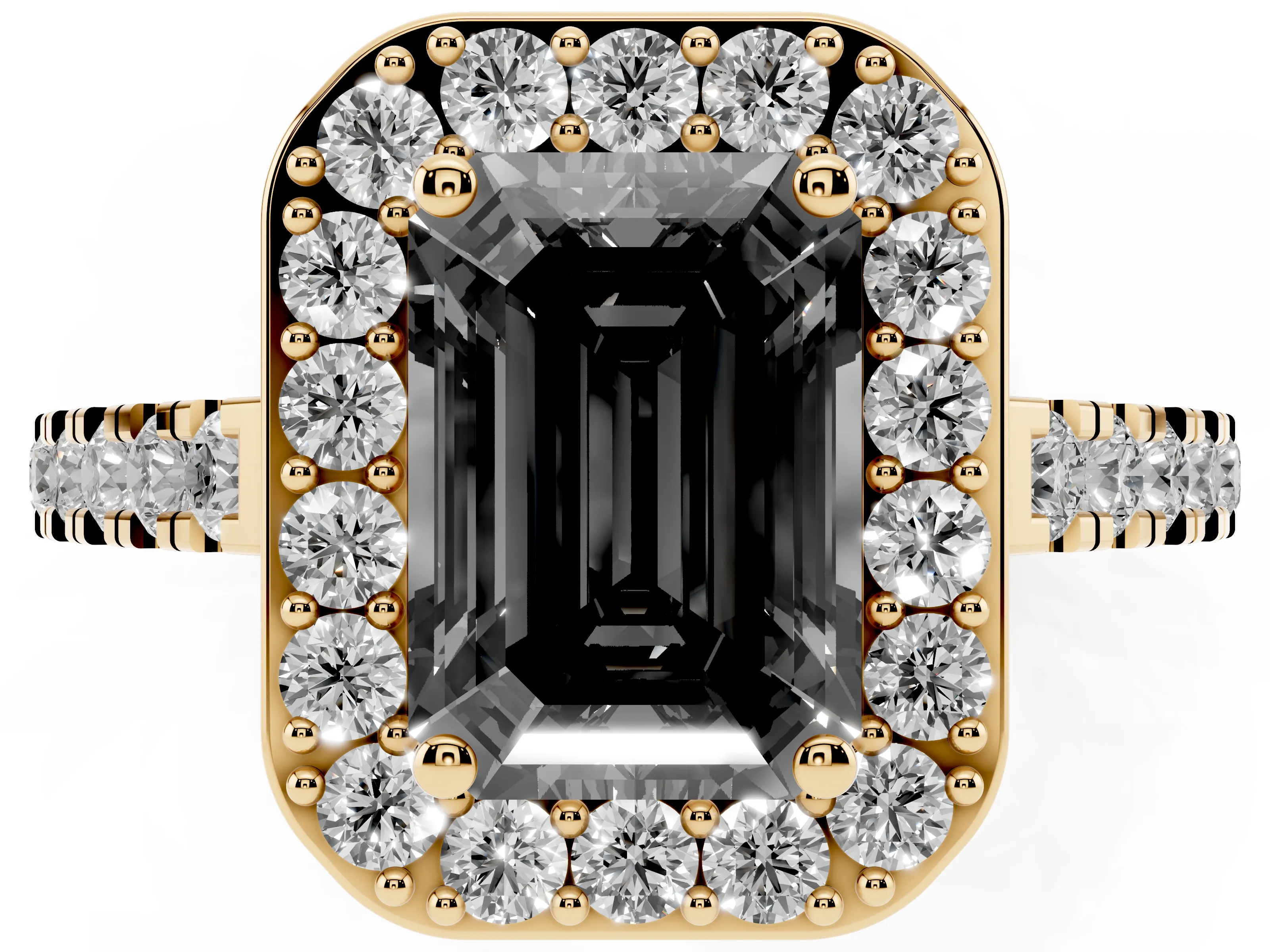 Fancy Black Emerald Cut Diamond Halo Ring Set in Yellow gold with Round Pavé Split Shank and Prong Setting