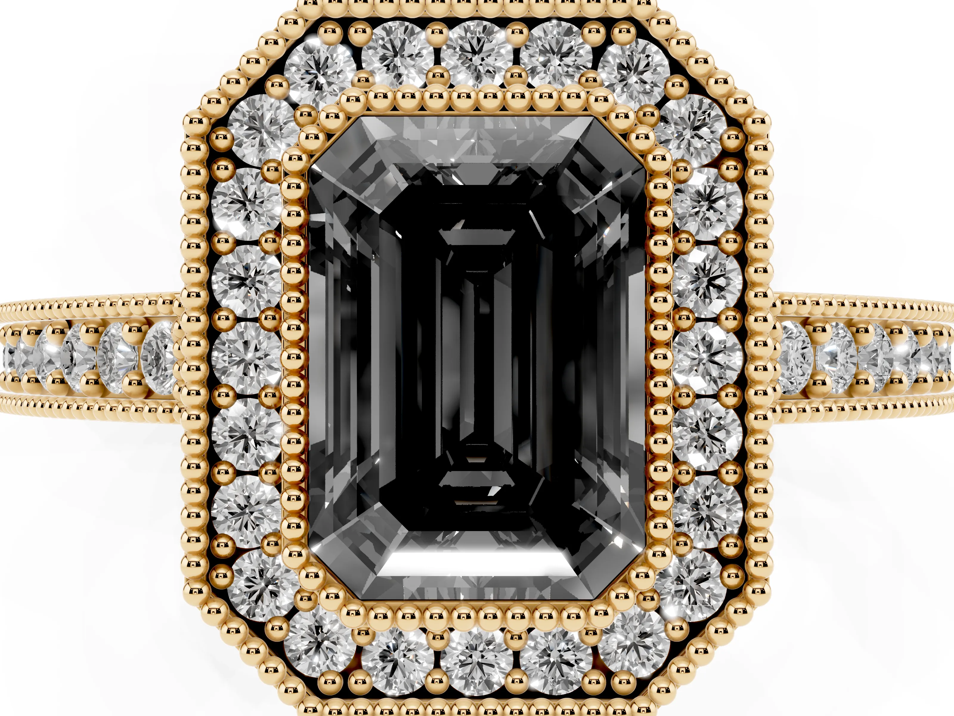 Fancy Black Emerald Cut Diamond Halo Engagement Ring Set in Yellow gold with Pavé Band and Round Halo Stones