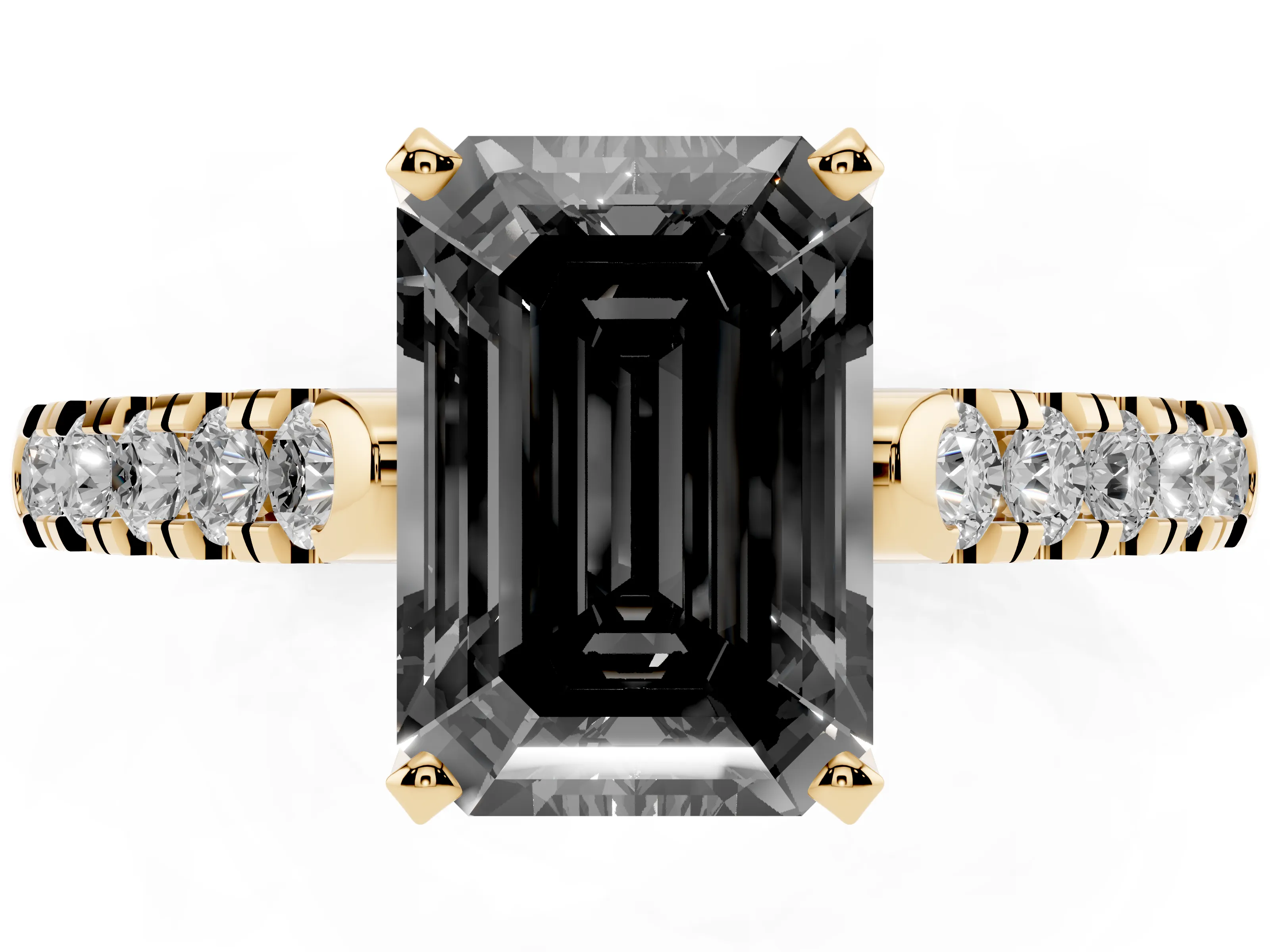 Fancy Black Emerald Cut Diamond Pavé Band Solitaire Ring Set in Yellow gold with Partway Accent Stones and Prong Setting