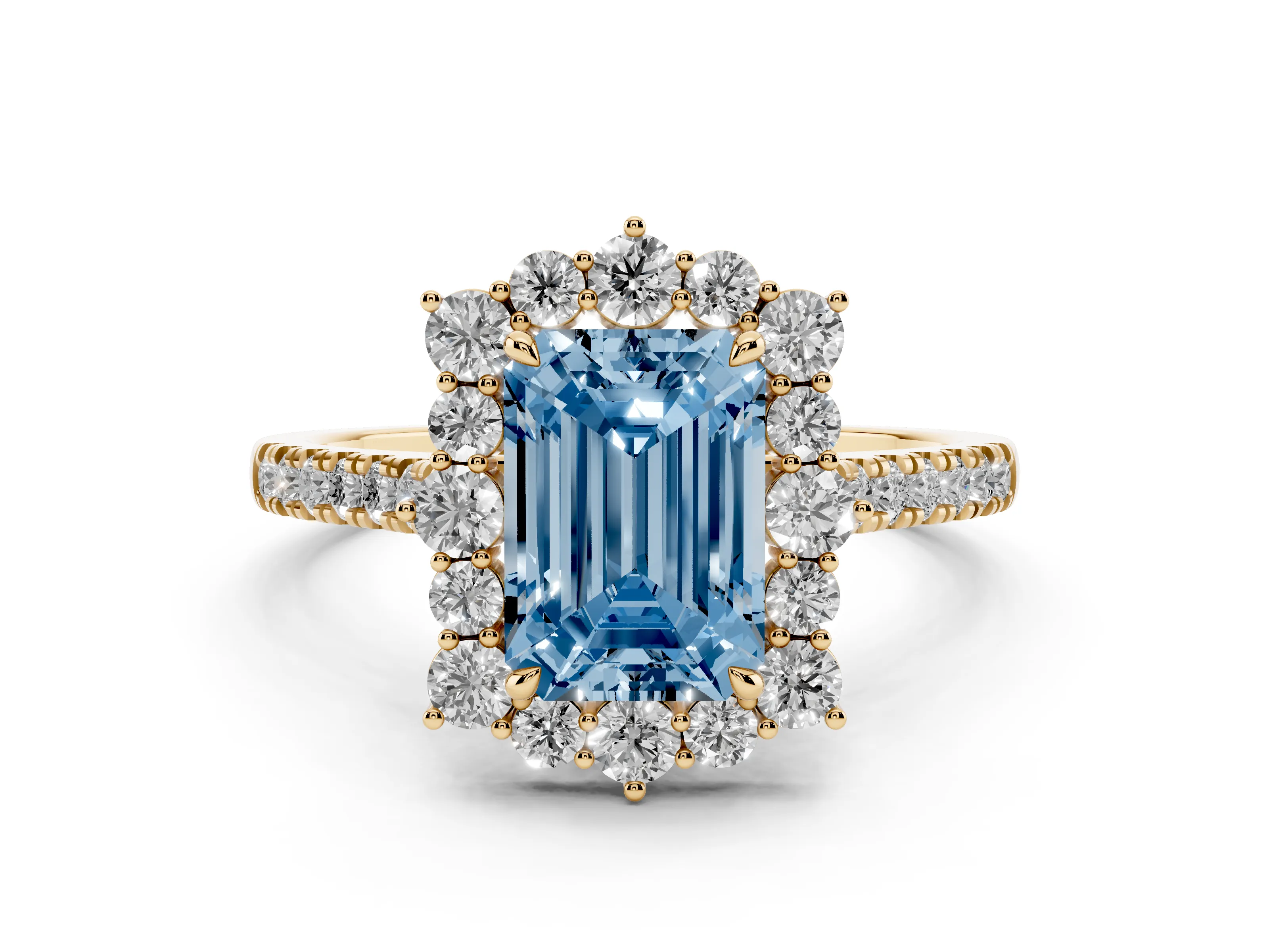 Fancy Blue Emerald Cut Diamond Halo Ring Set in Yellow gold with Pavé Band and Prong Setting