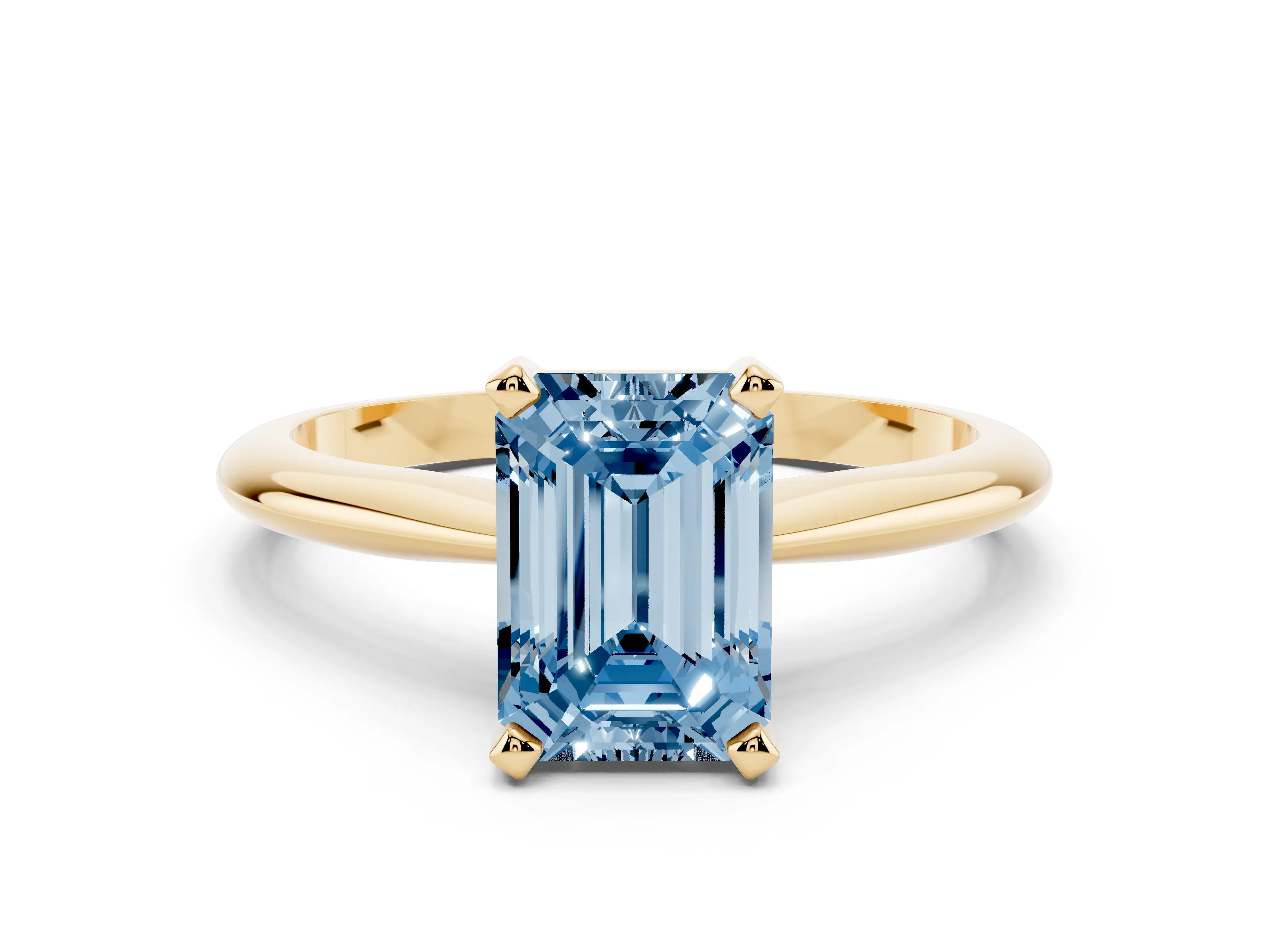 Fancy Blue Emerald Cut Diamond Solitaire Ring Set in Yellow gold with Prong Setting on a Plain Round Band