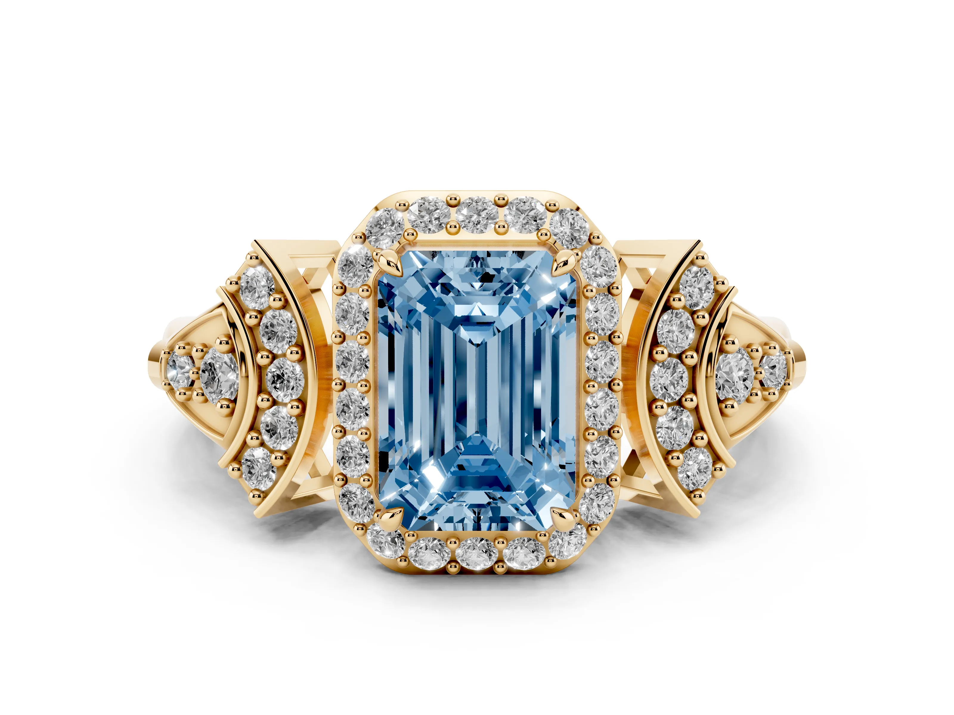 Fancy Blue Emerald Cut Diamond Halo Engagement Ring Set in Yellow gold with Accent Stone Split Shank