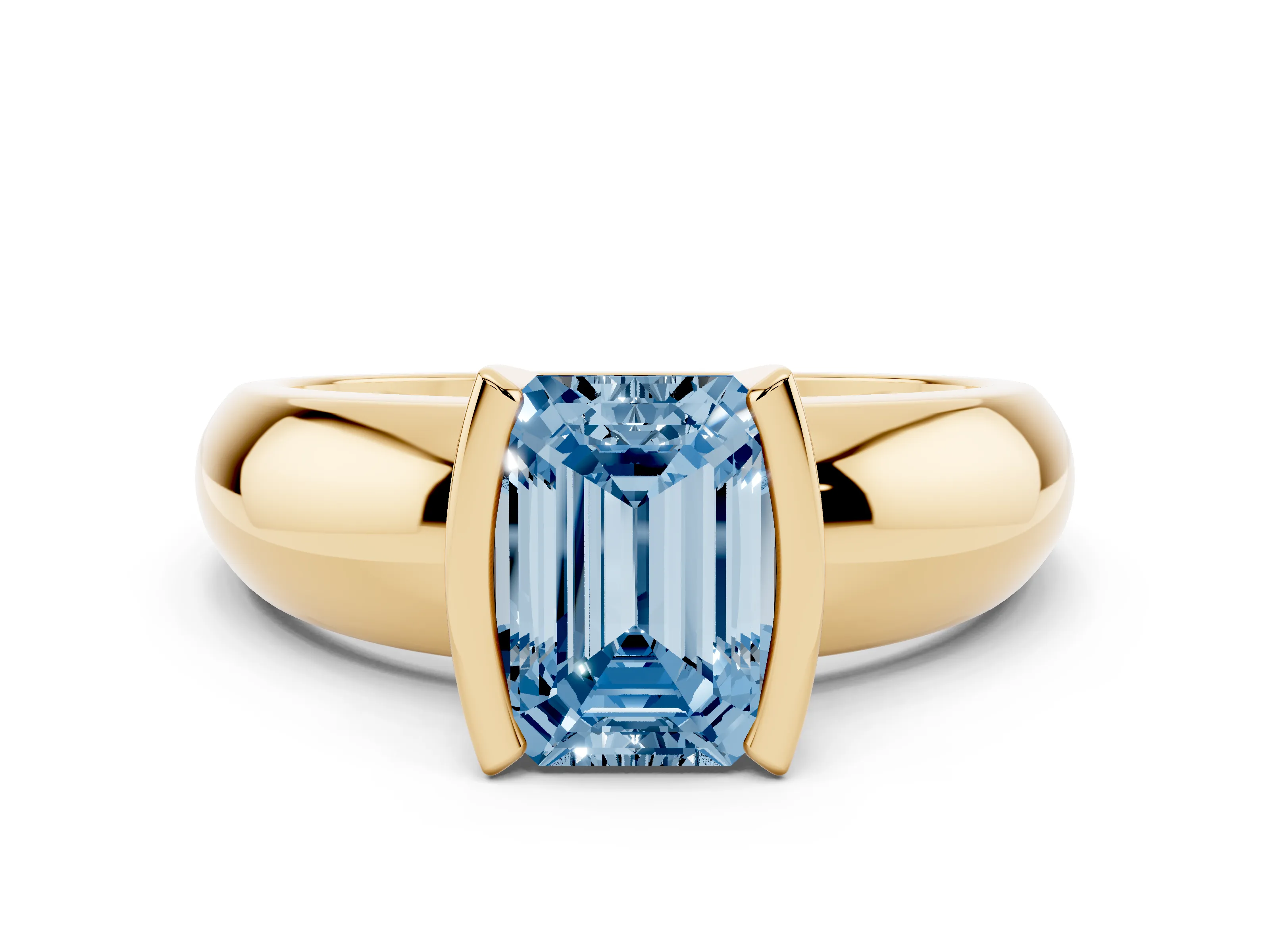 Fancy Blue Emerald Cut Diamond Solitaire Tension Set Ring Set in Yellow gold with Wide Band