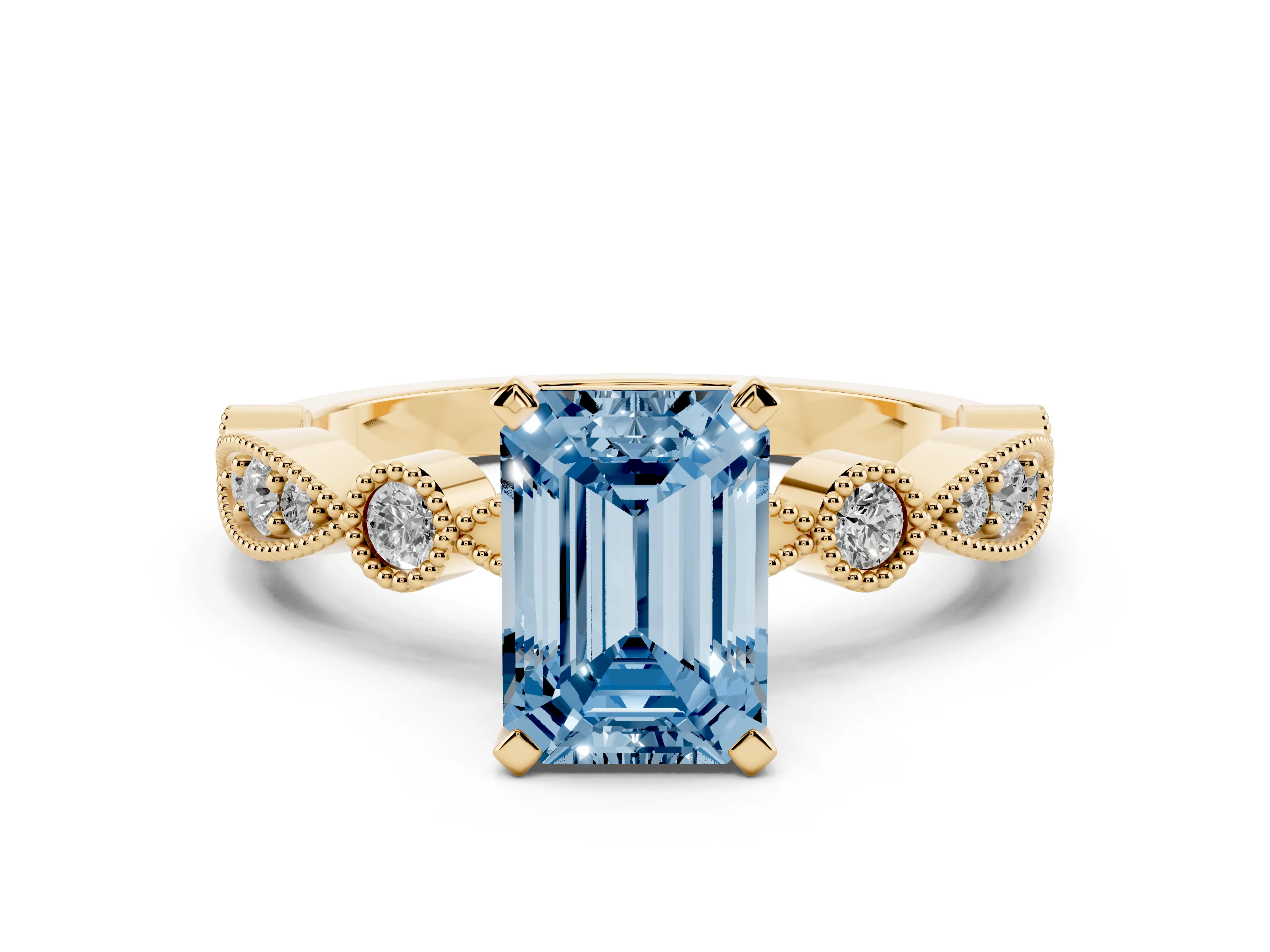 Fancy Blue Emerald Cut Diamond Solitaire Engagement Ring Set in Yellow gold with Milgrain Bezel Accent Band